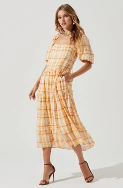 Ilana Plaid Puff Sleeve Tiered Midi Dress