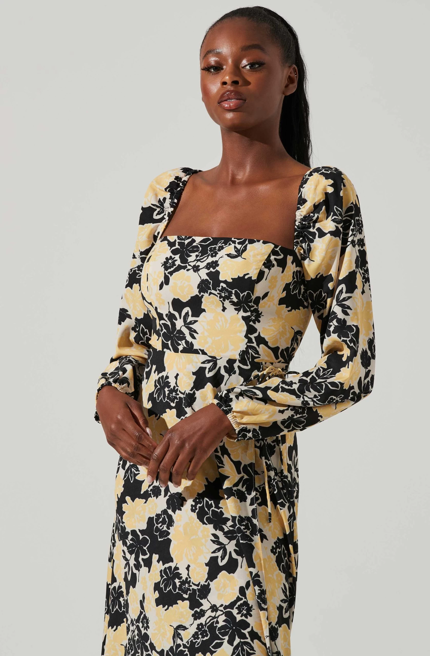 Hayden Floral Square Neck Tie Waist Midi Dress - Image 2