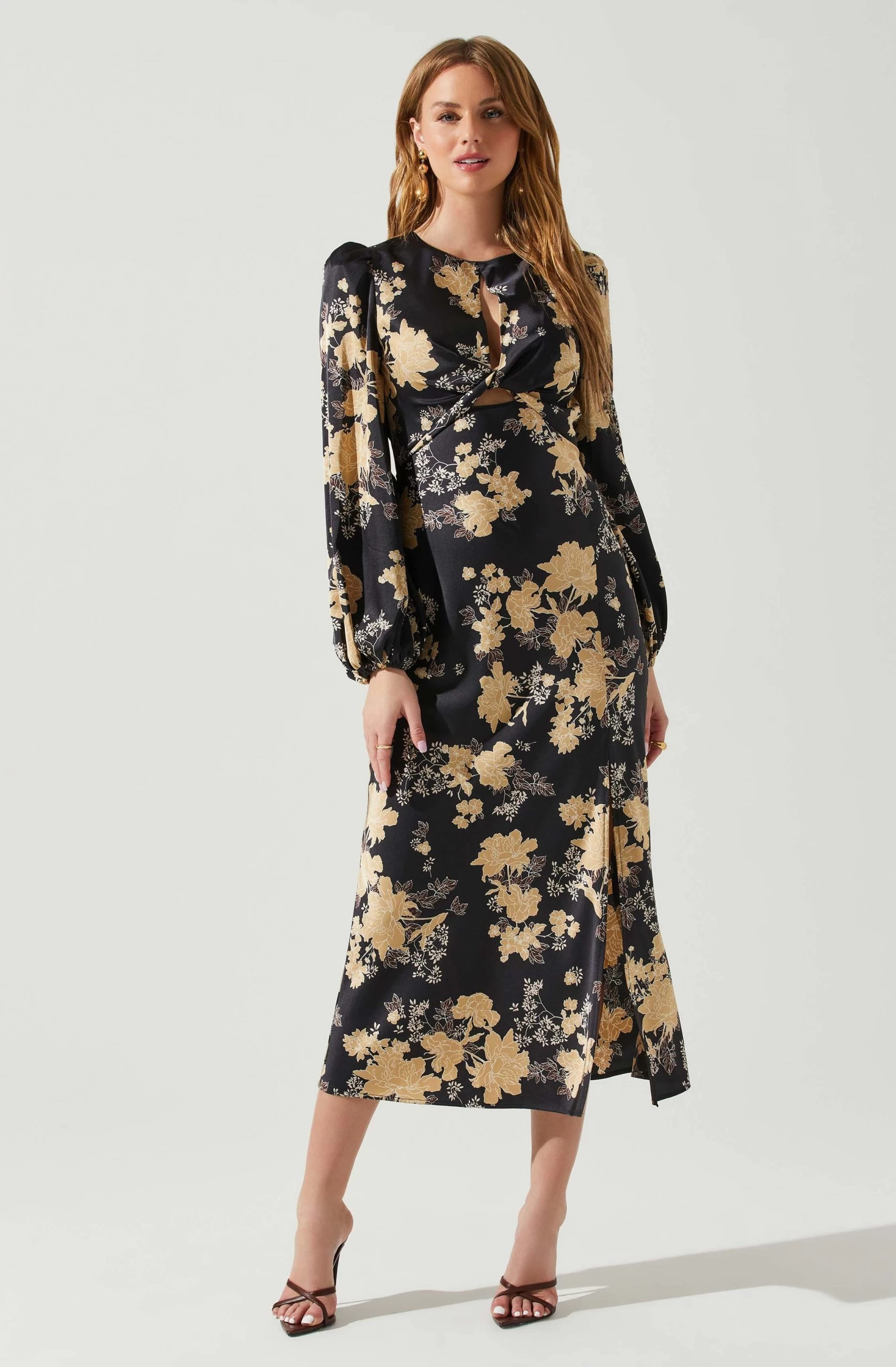 Suzy Floral Satin Front Cutout Midi Dress - Image 3