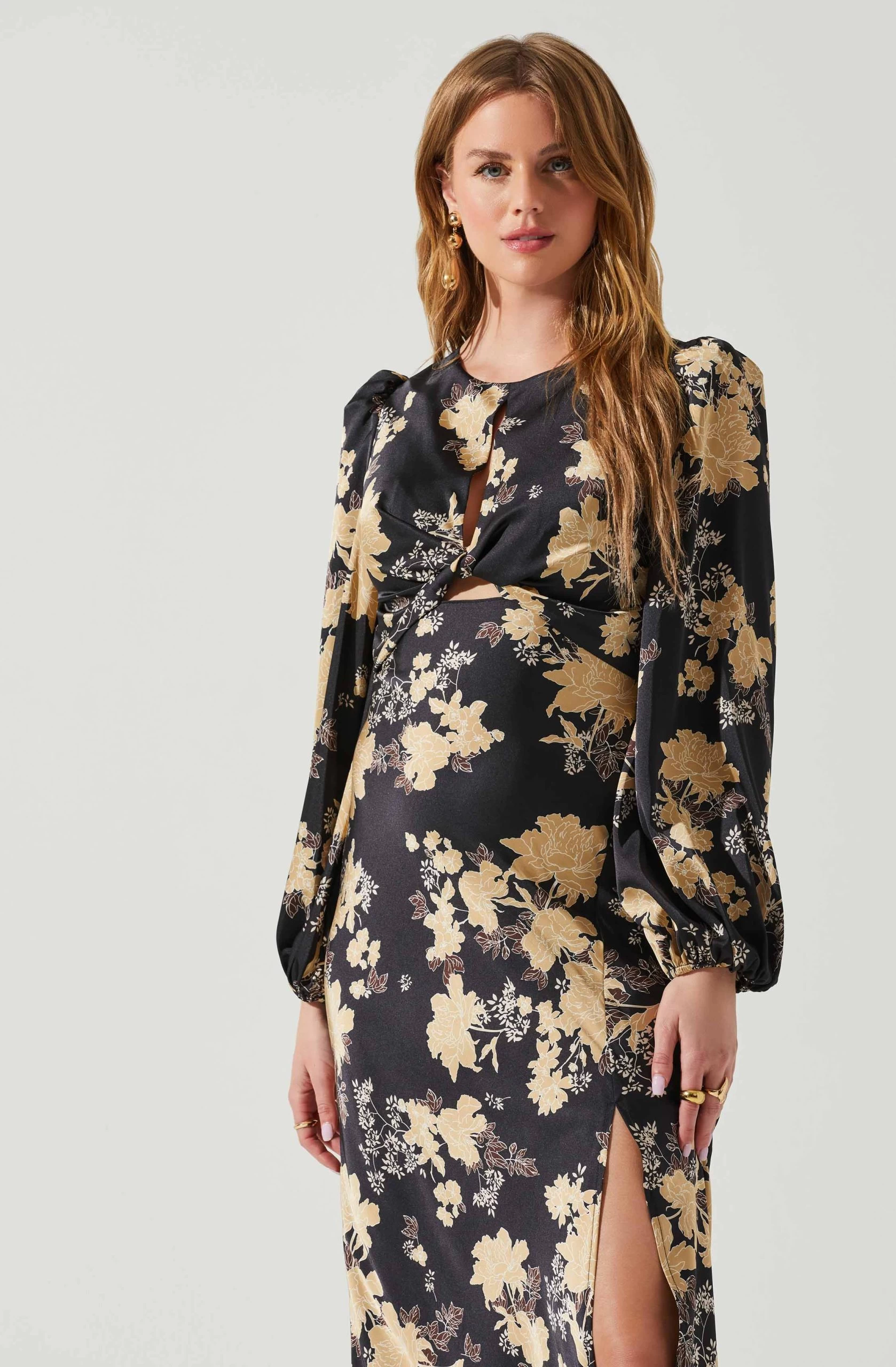 Suzy Floral Satin Front Cutout Midi Dress - Image 4