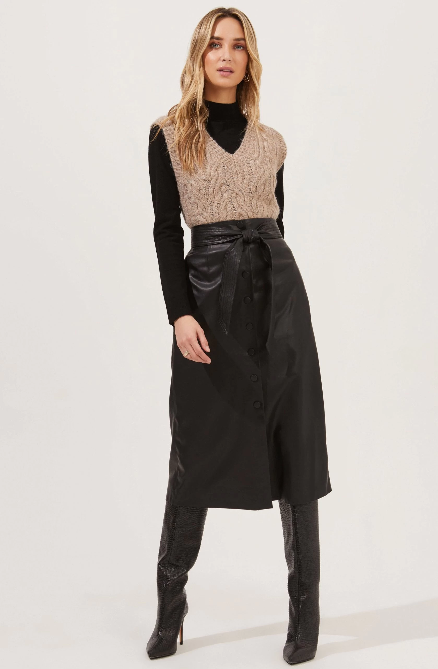 Lorette Tie Waist Faux Leather Midi Skirt - Image 5