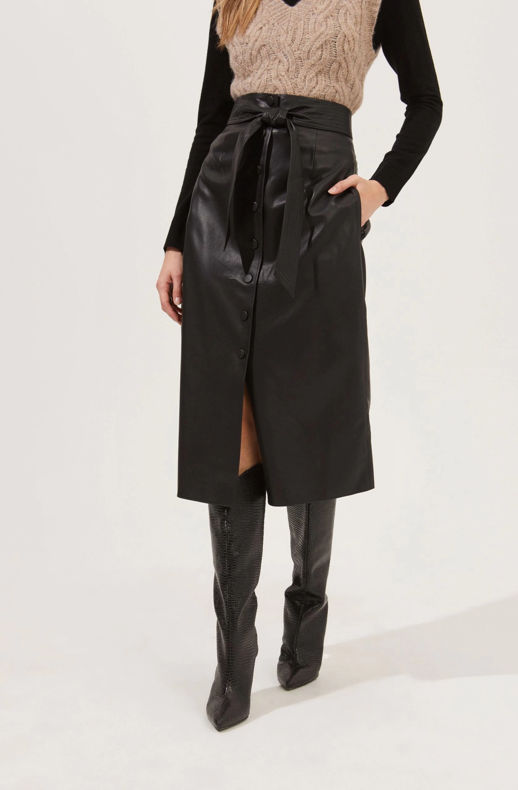 Lorette Tie Waist Faux Leather Midi Skirt - Image 2