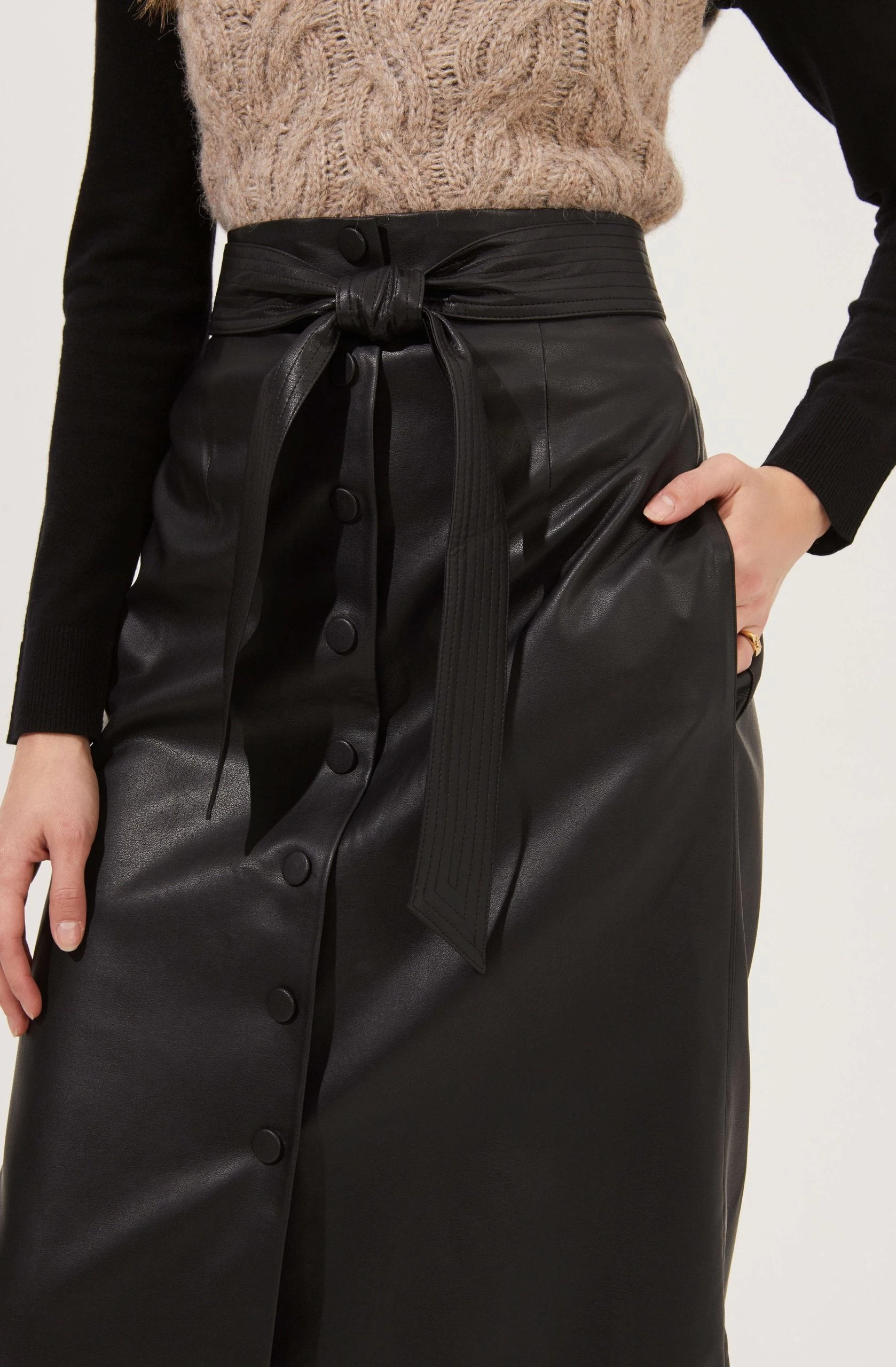 Lorette Tie Waist Faux Leather Midi Skirt - Image 6