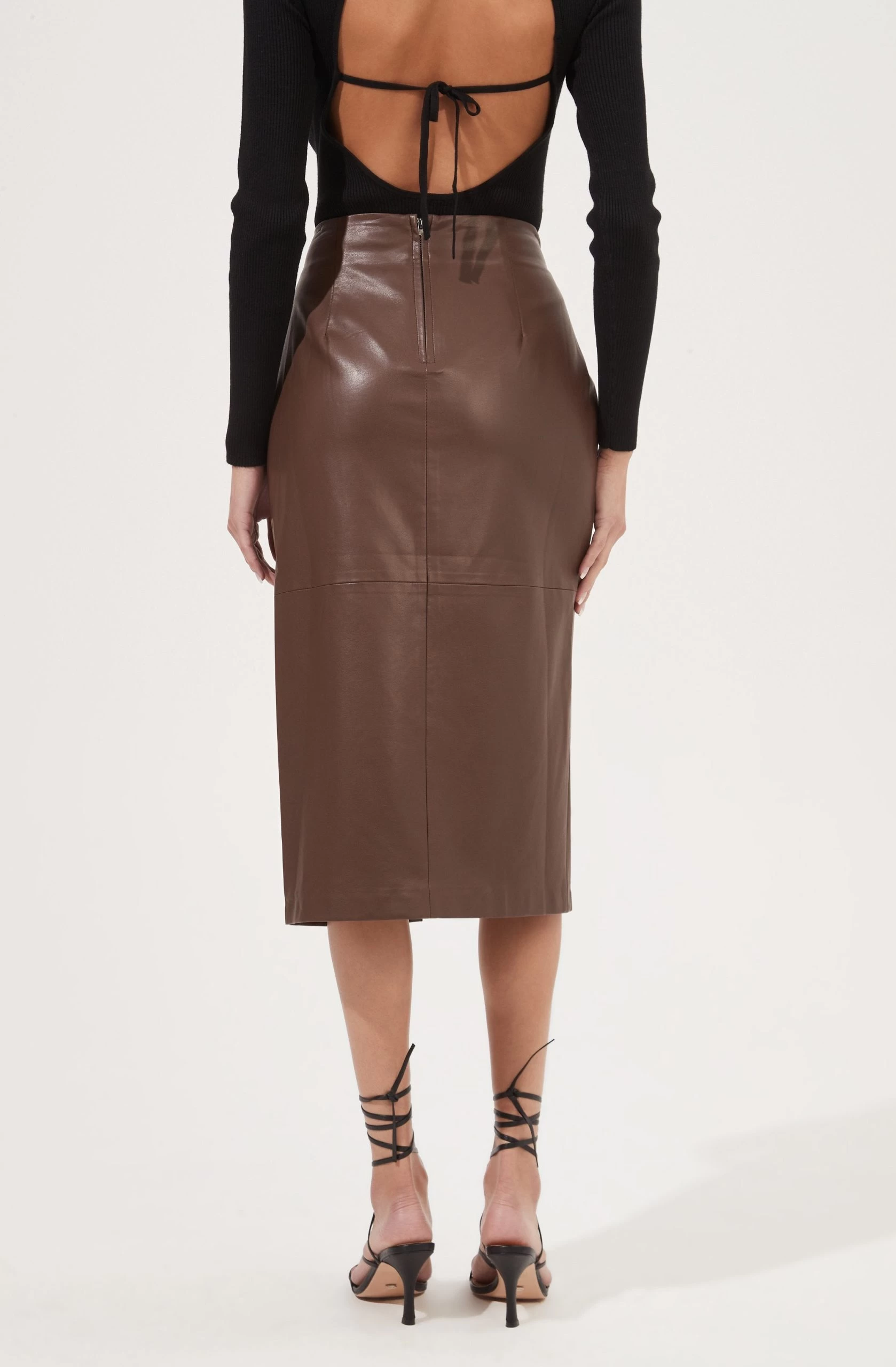 Kari Faux Leather Twist Front Midi Skirt - Image 11