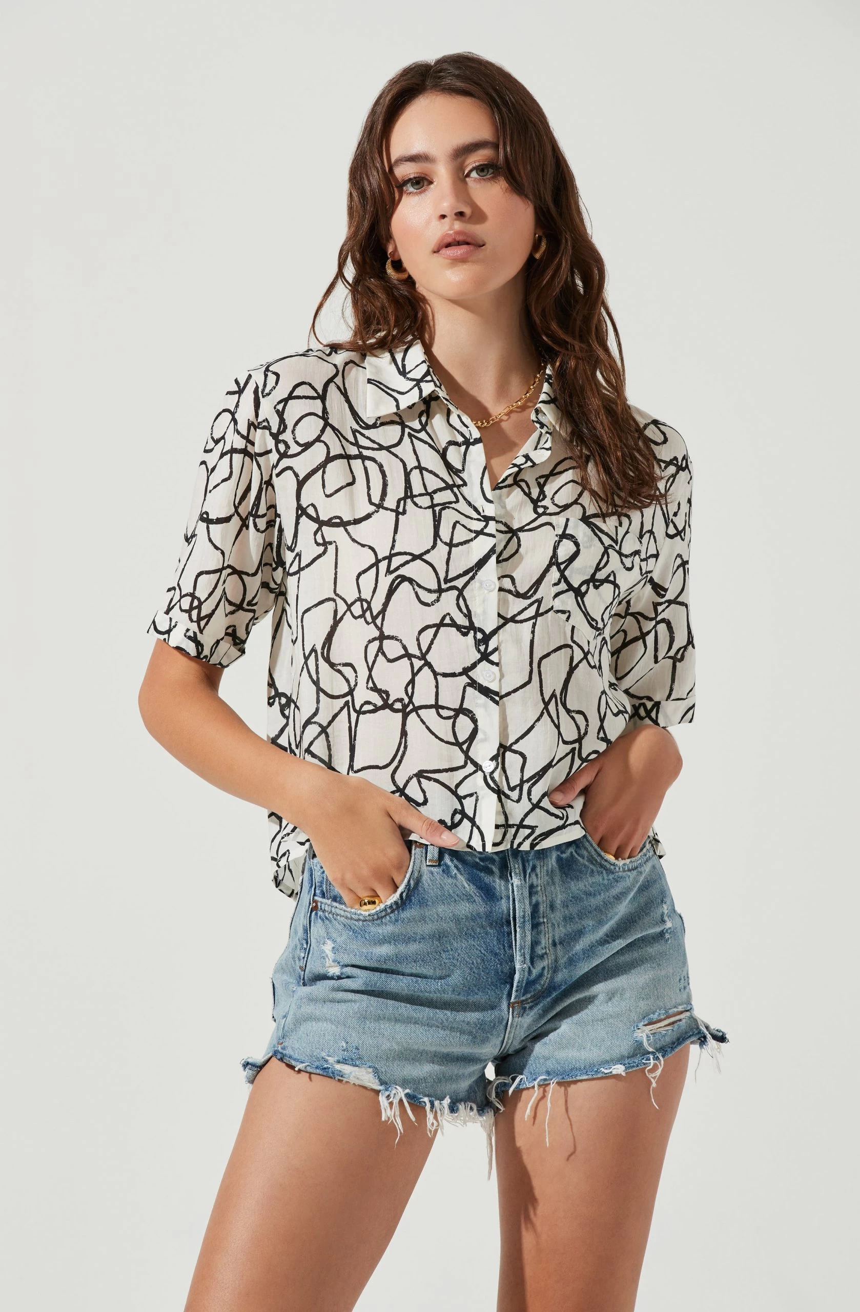 Chrysanthe Abstract Print Button Down Short Sleeve Top