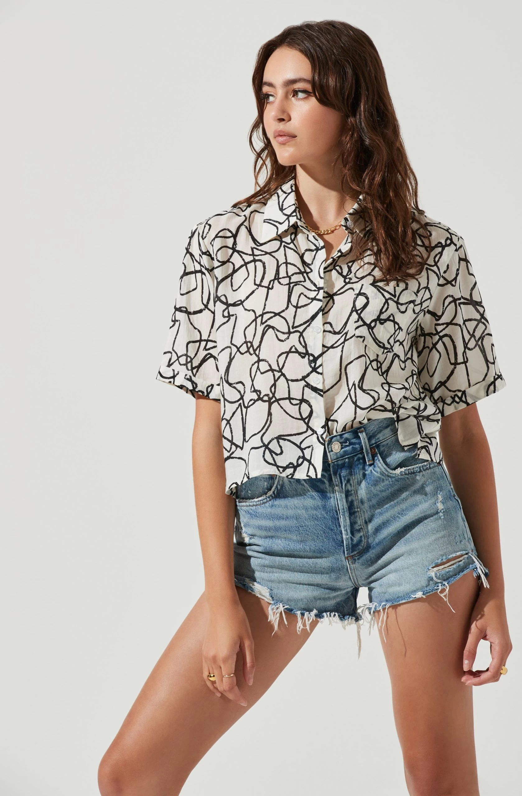 Chrysanthe Abstract Print Button Down Short Sleeve Top - Image 3