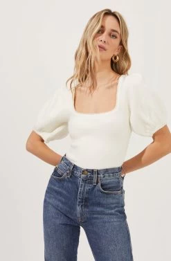 Sweet Life Faux Pearl Trimmed Puff Sleeve Sweater