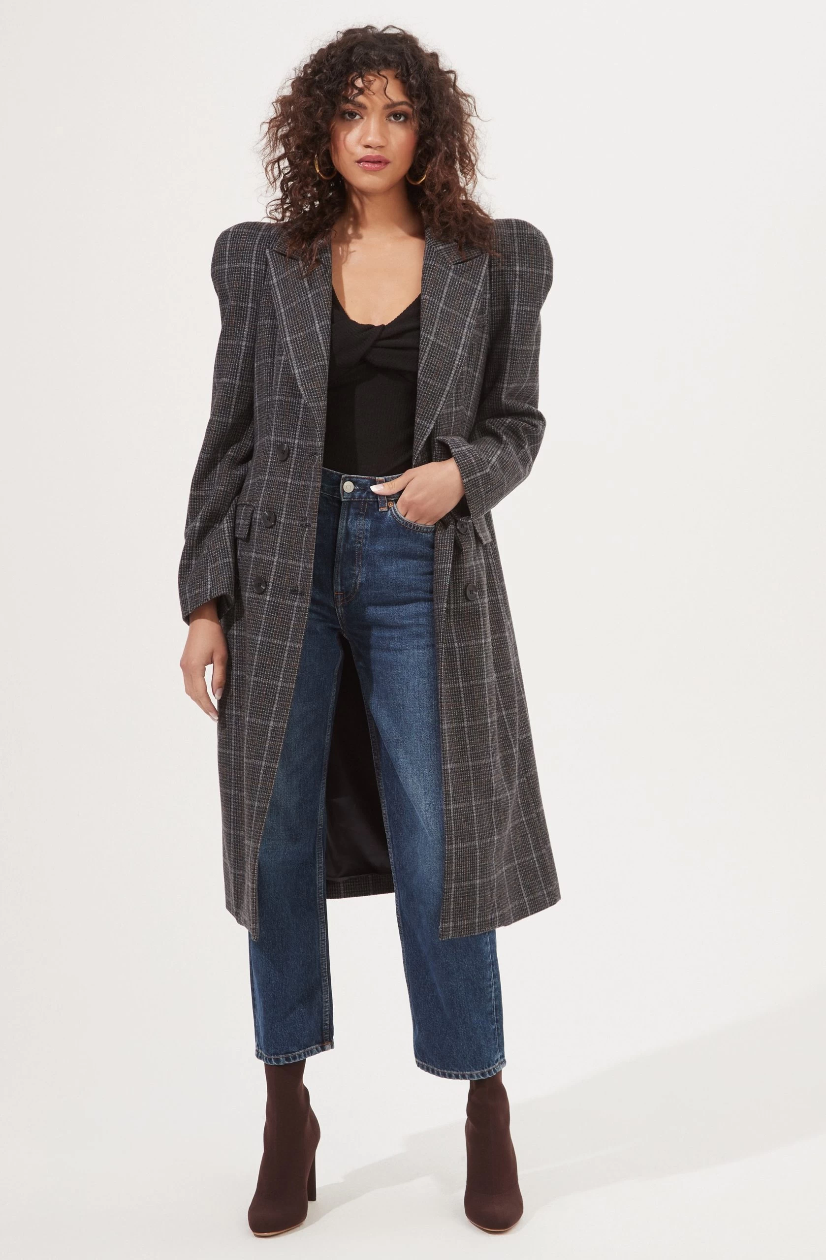 Audrey Plaid Shoulder Pad Longline Coat