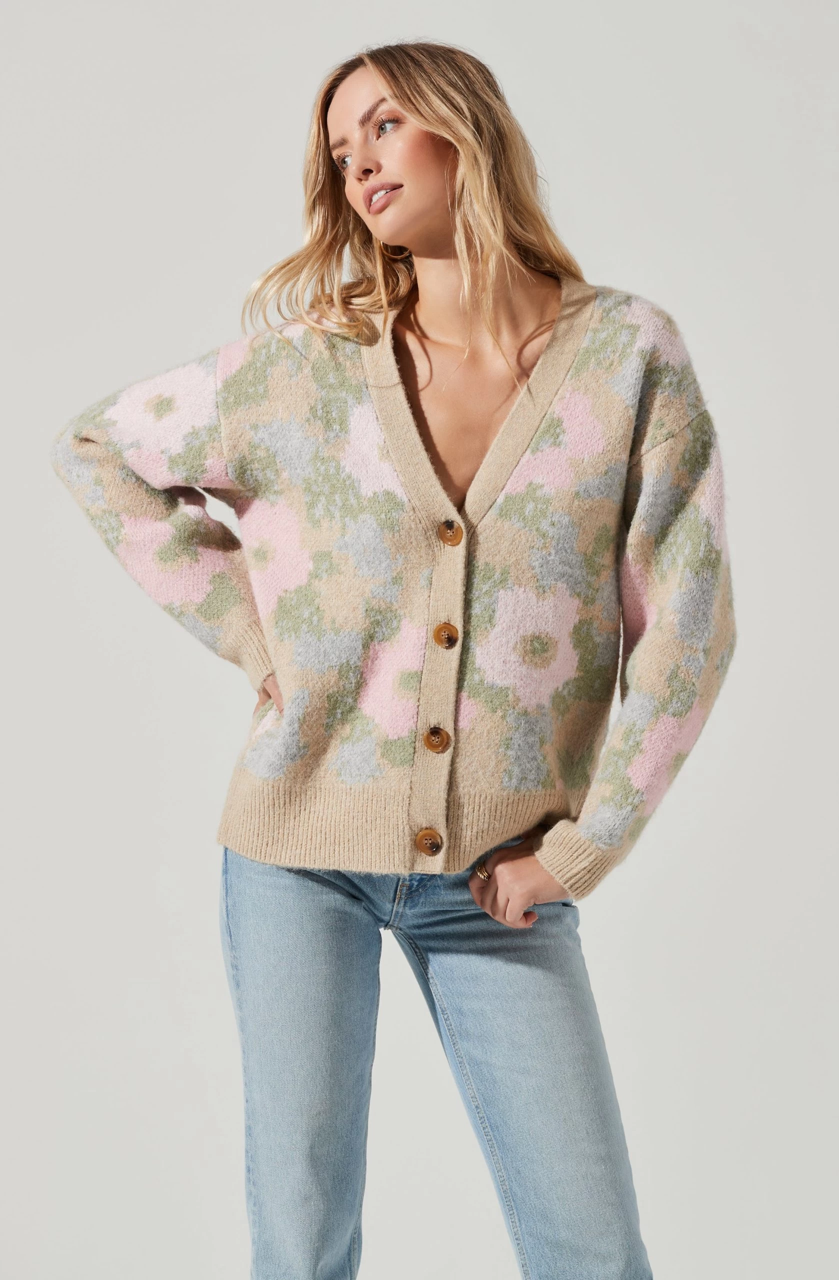 Rosette Floral Contrast Button Cardigan