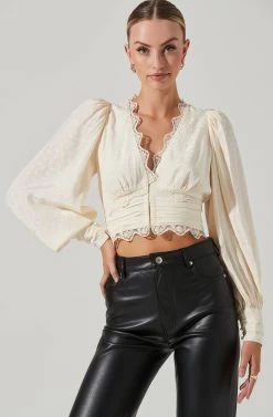 Zanna Floral Jacquard Lace Trim Long Sleeve Top