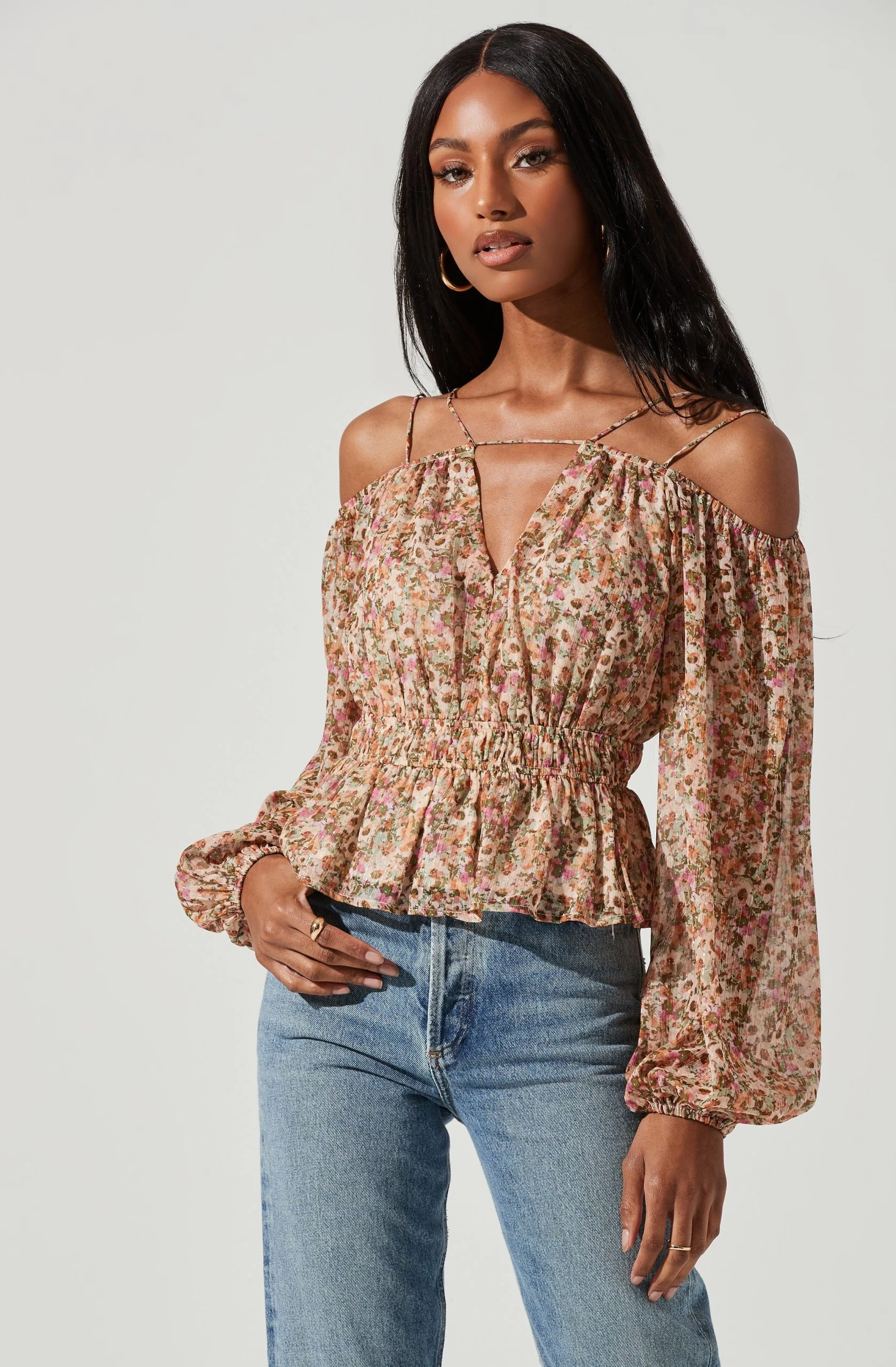 Hart Floral Cold Shoulder Cutout Peplum Top