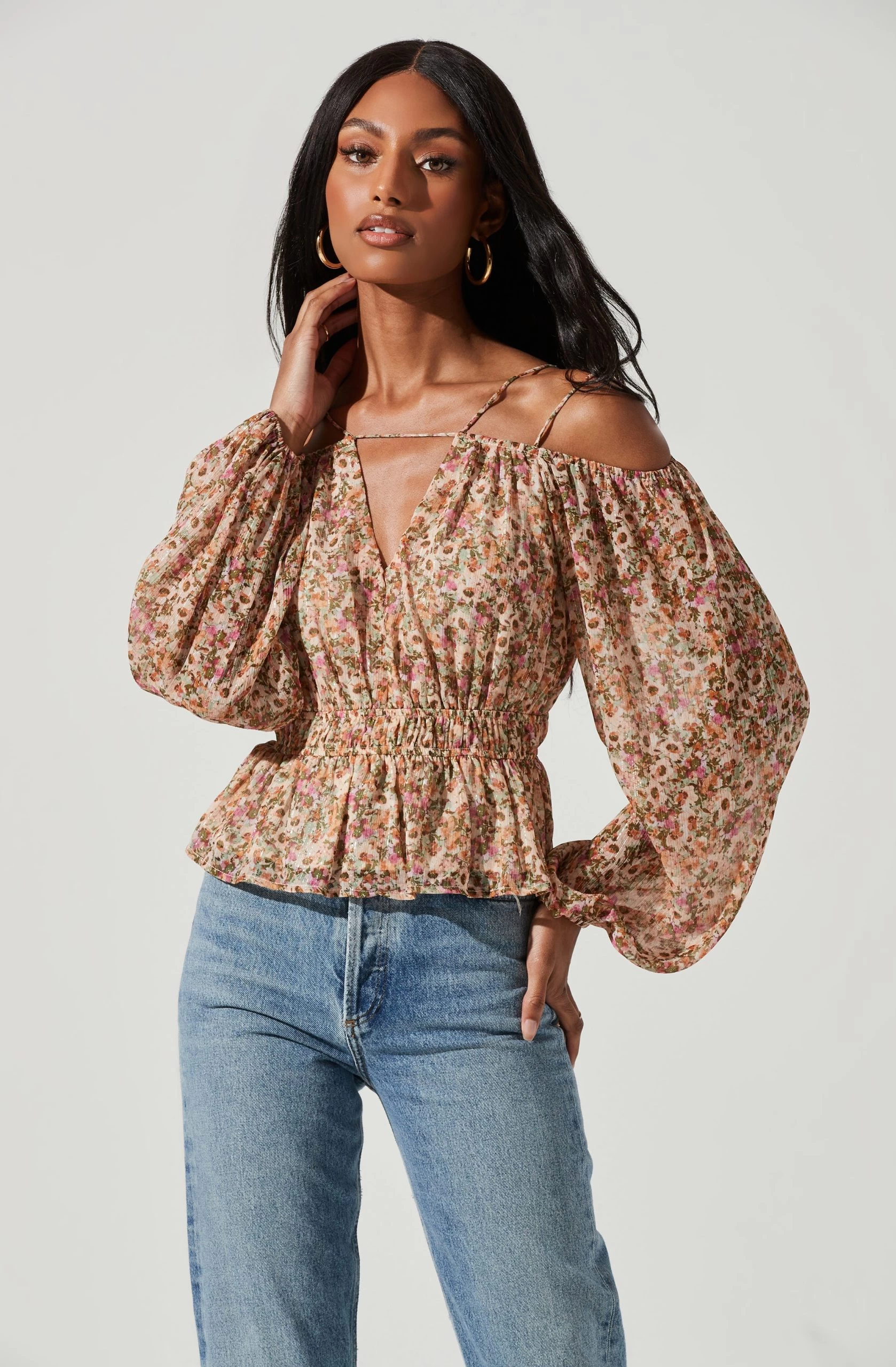 Hart Floral Cold Shoulder Cutout Peplum Top - Image 3