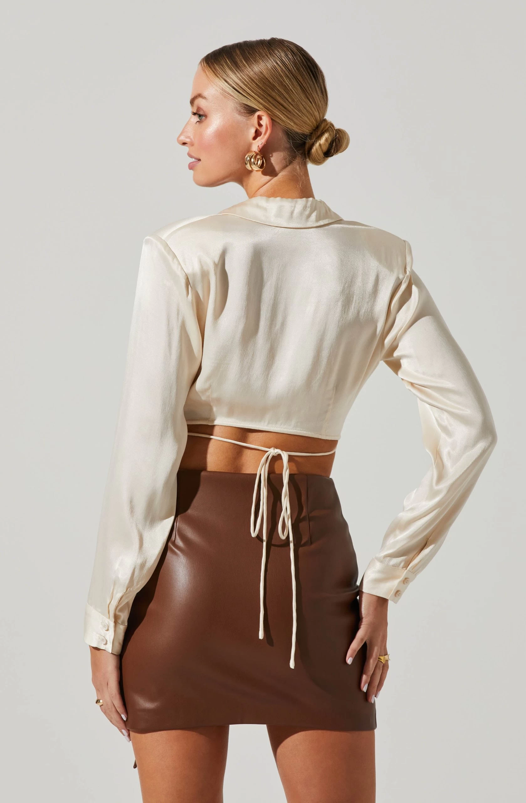Delphi Satin Pointed Collar Wrapped Tie Waist Top - Image 5