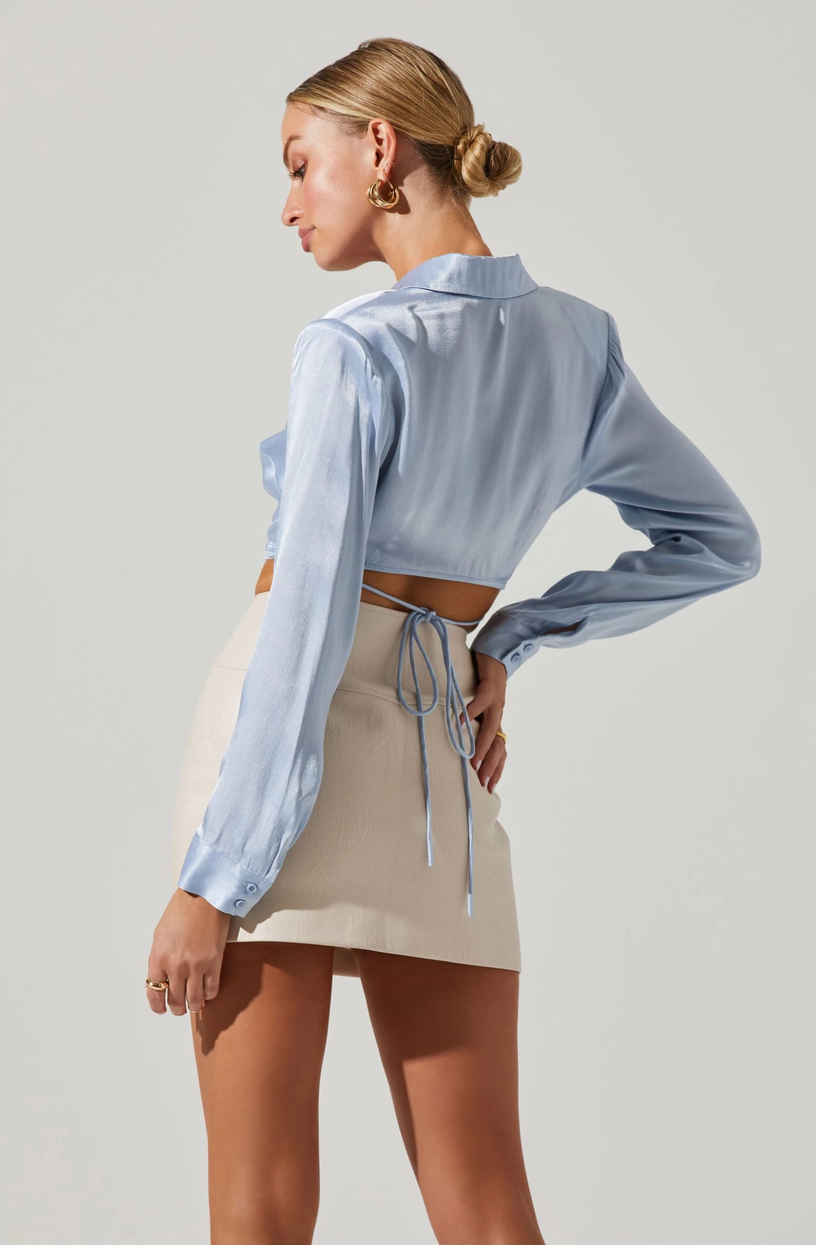 Delphi Satin Pointed Collar Wrapped Tie Waist Top - Image 11