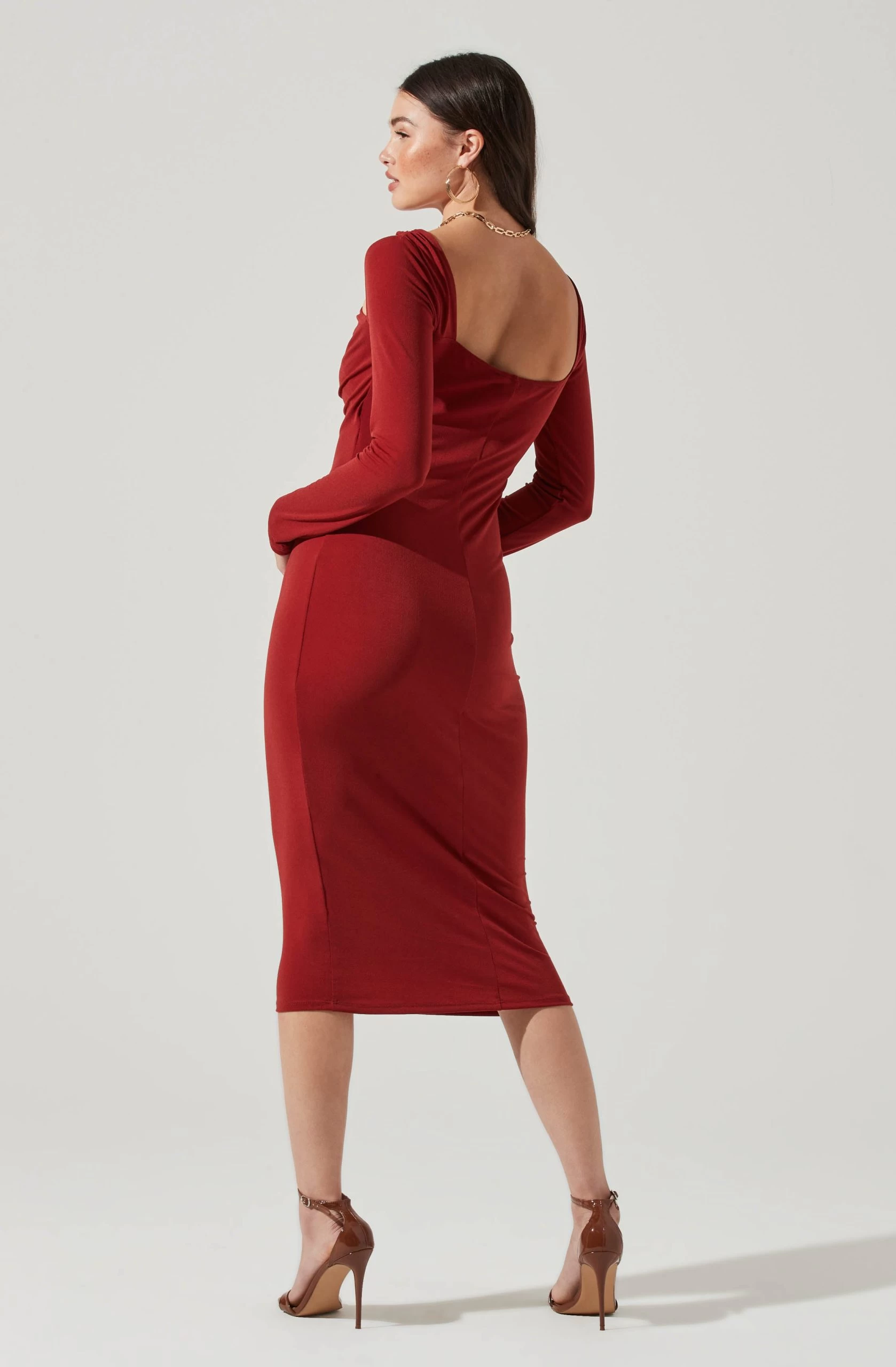 Long Sleeve Cinched Bust Cutout Midi Dress - Image 6
