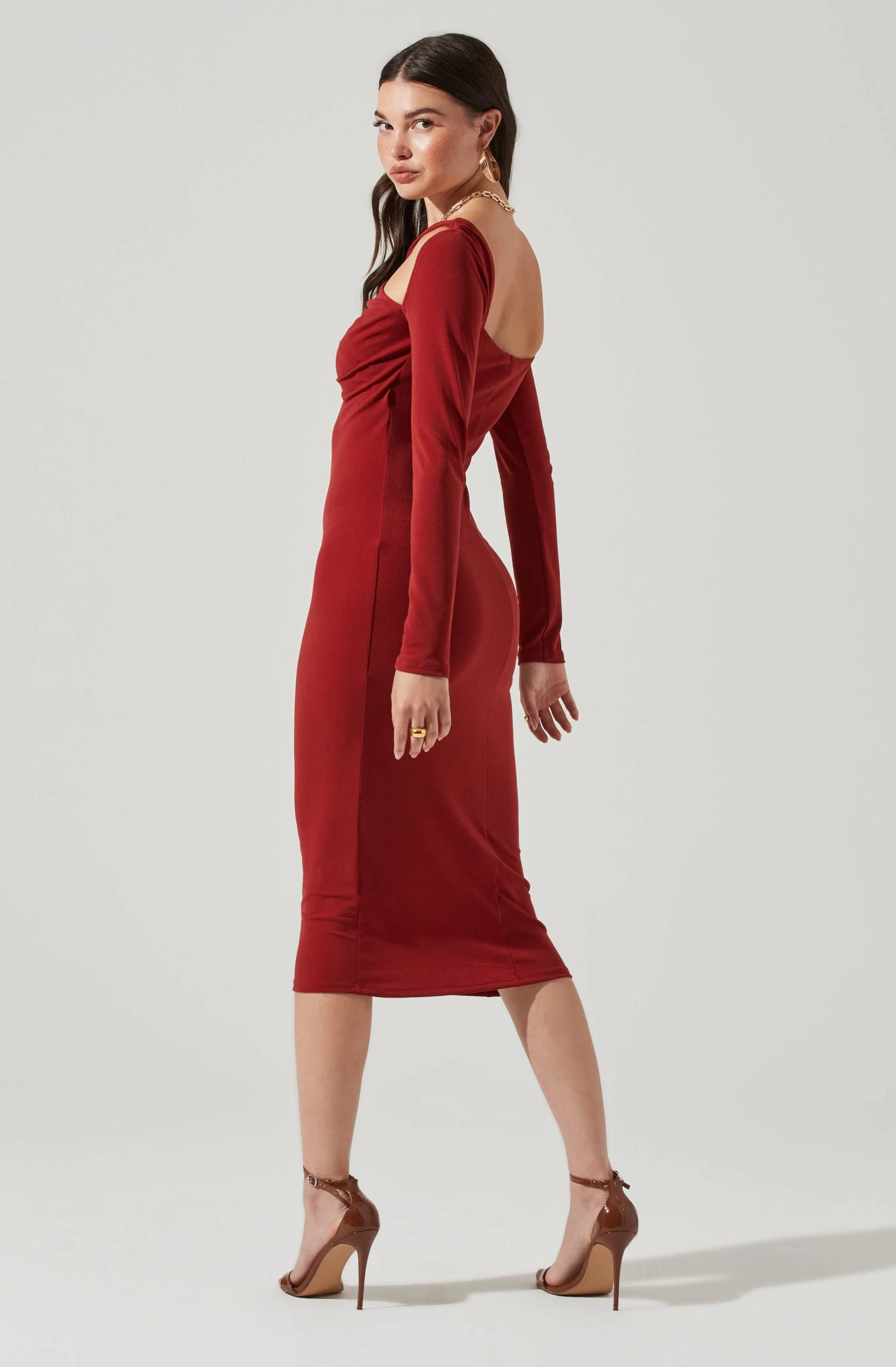 Long Sleeve Cinched Bust Cutout Midi Dress - Image 3