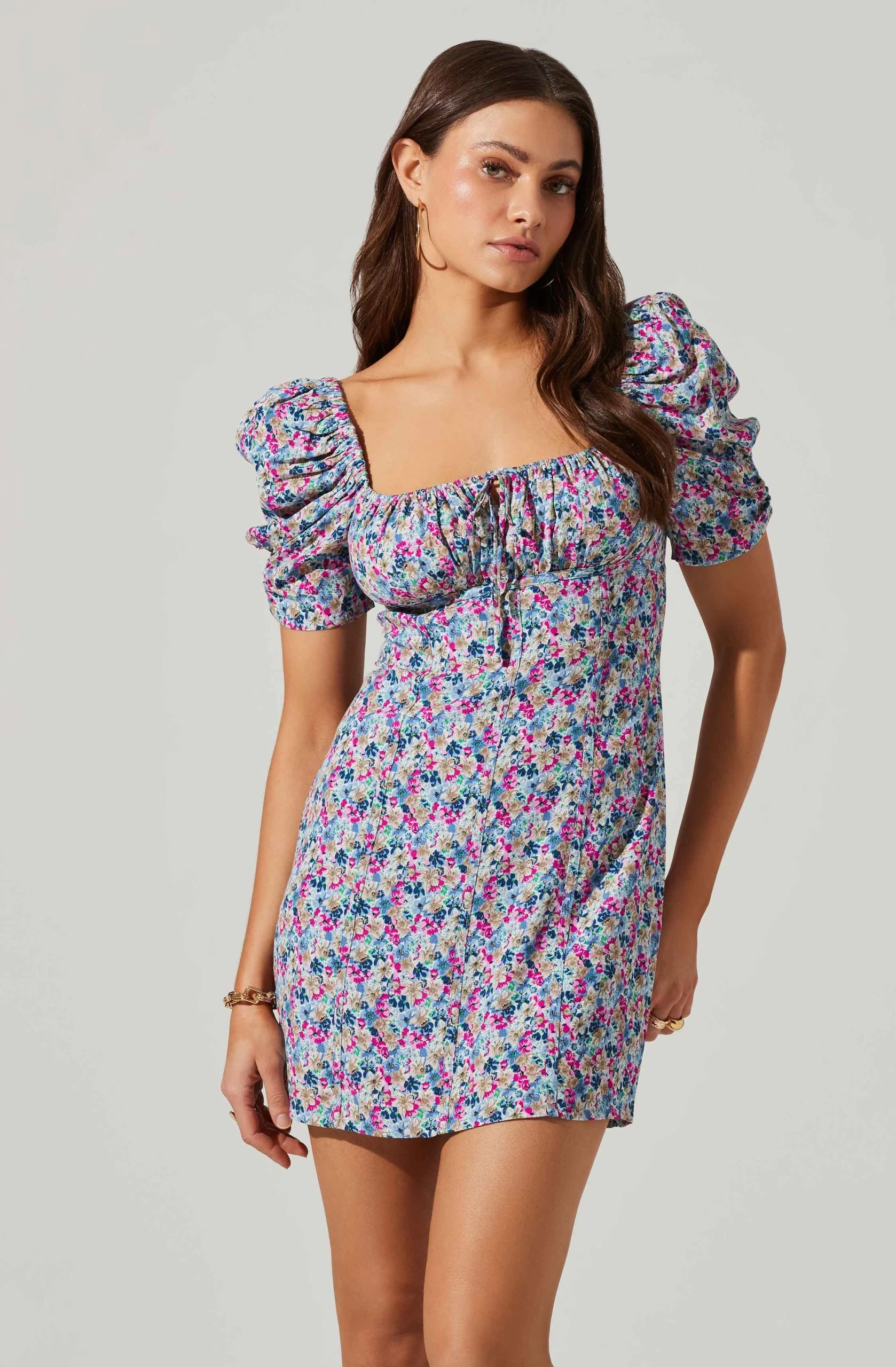 Floral Square Neck Puff Sleeve Mini Dress - Image 2