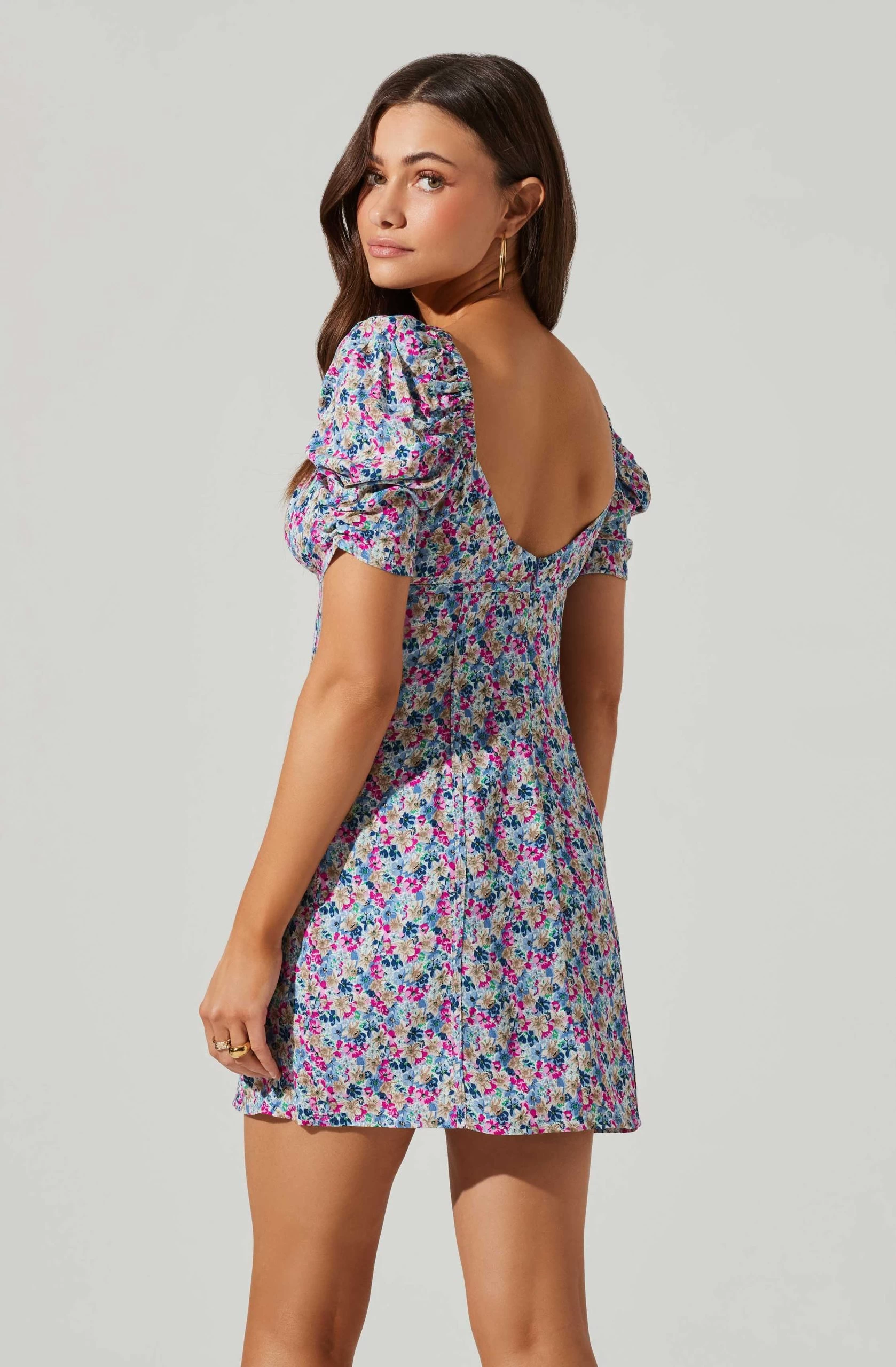 Floral Square Neck Puff Sleeve Mini Dress - Image 3