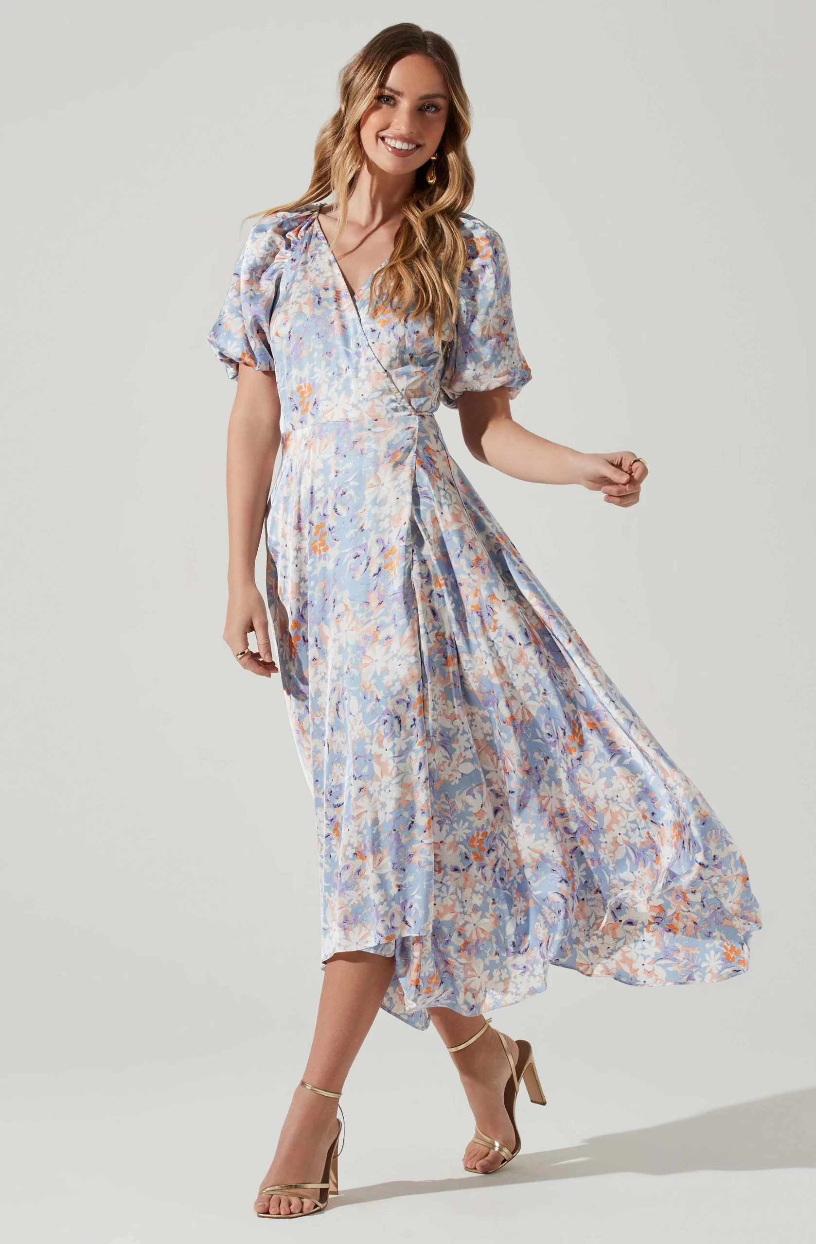 Satin Floral Bubble Sleeve Wrap Midi Dress - Image 3