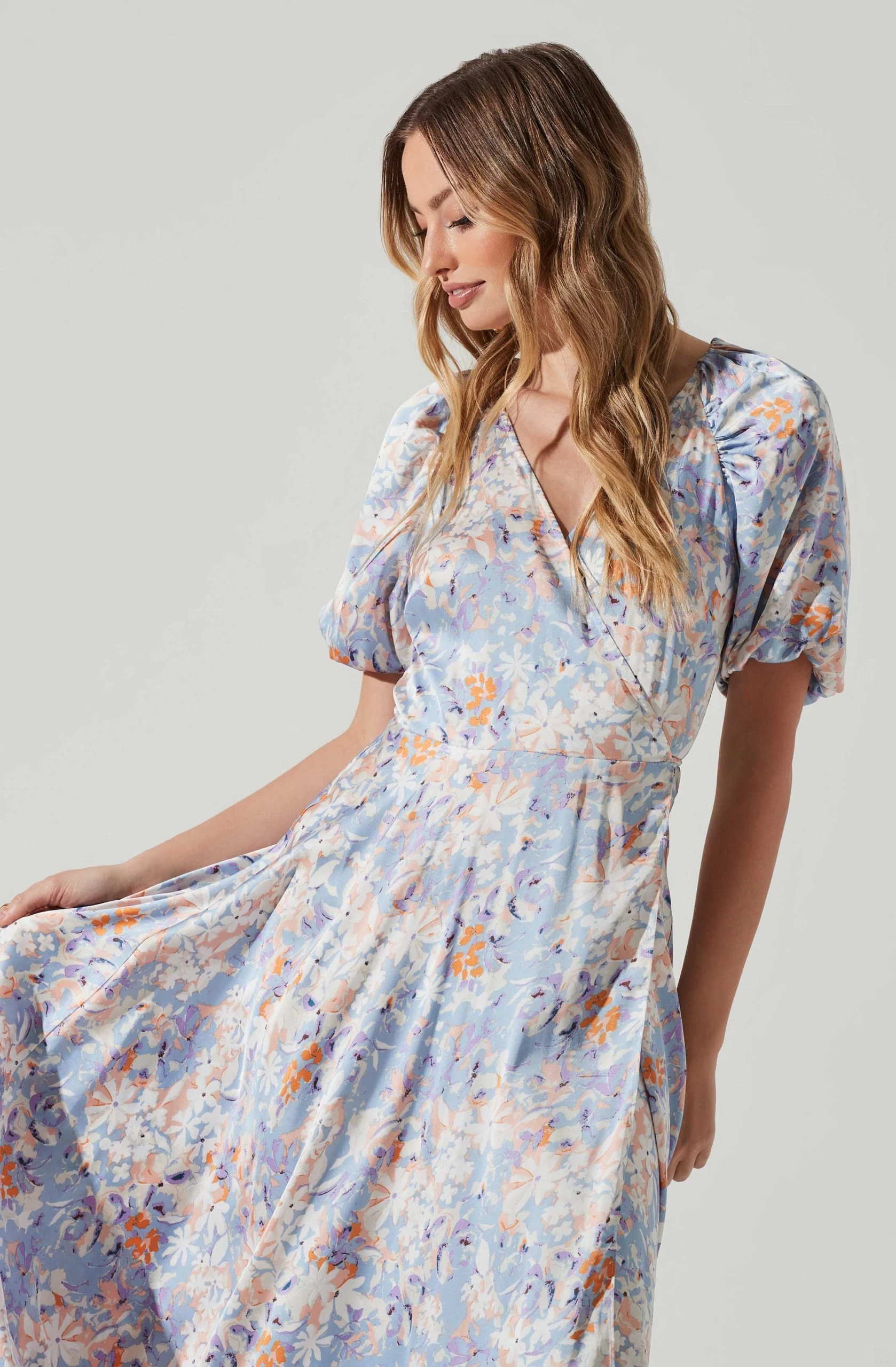 Satin Floral Bubble Sleeve Wrap Midi Dress - Image 4