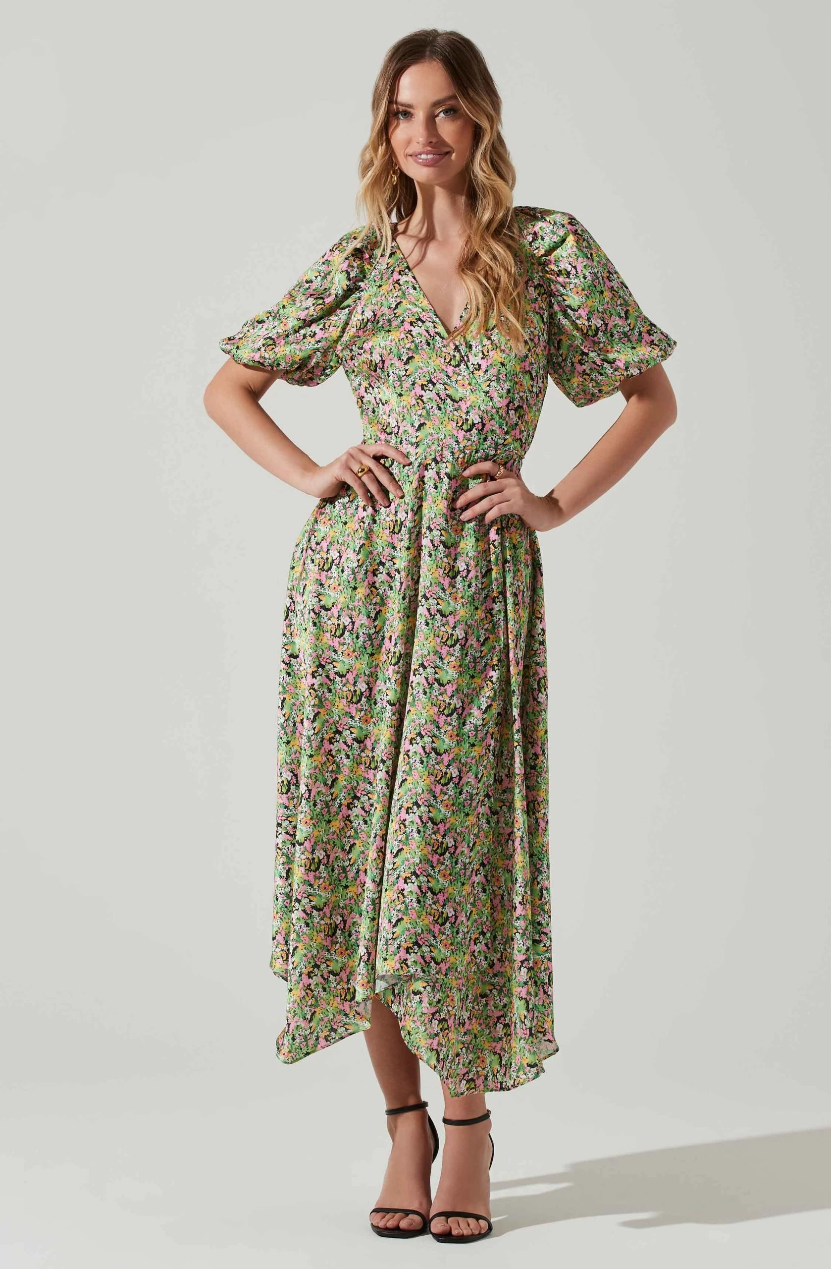 Satin Floral Bubble Sleeve Wrap Midi Dress - Image 9