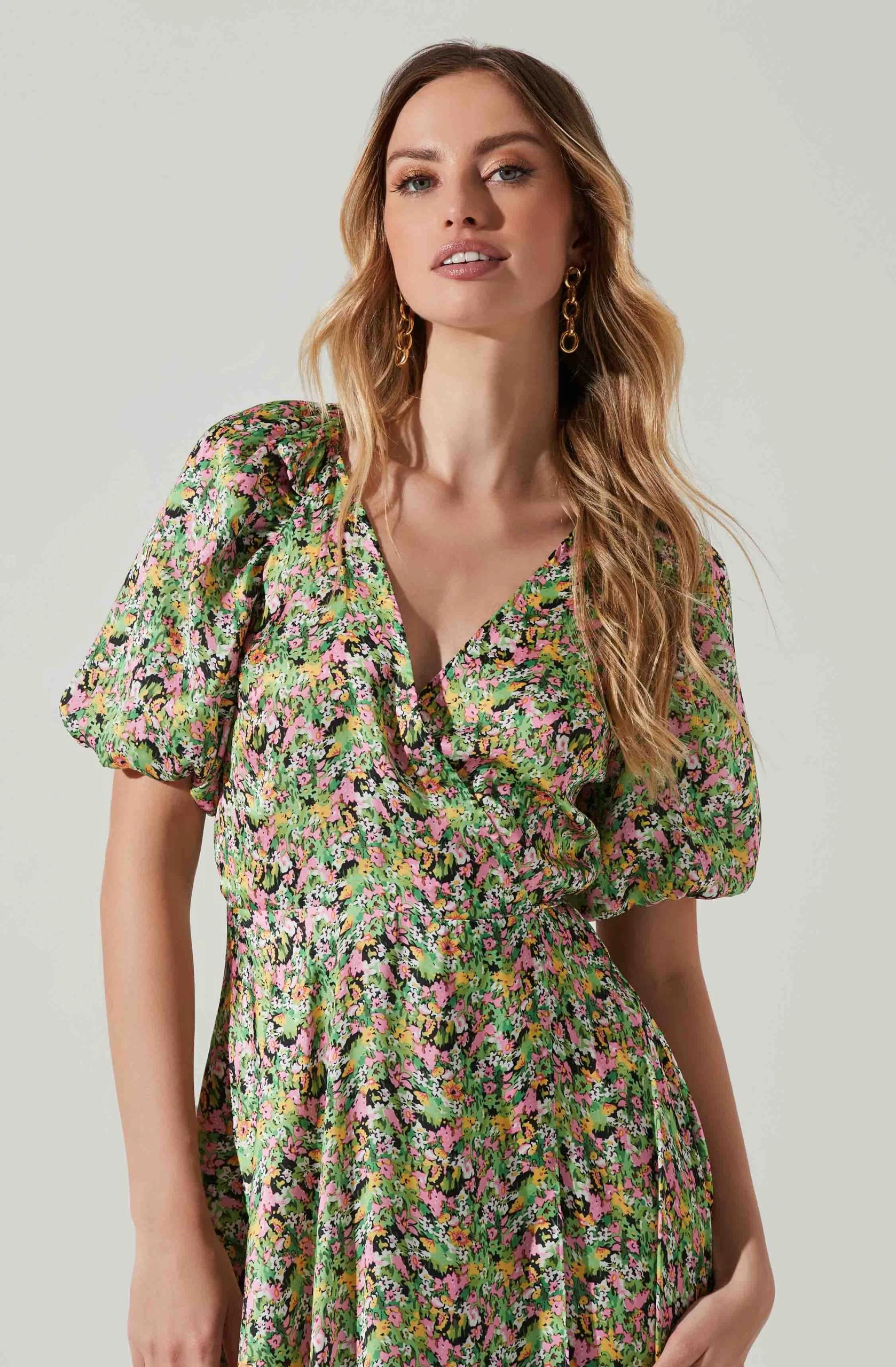 Satin Floral Bubble Sleeve Wrap Midi Dress - Image 10