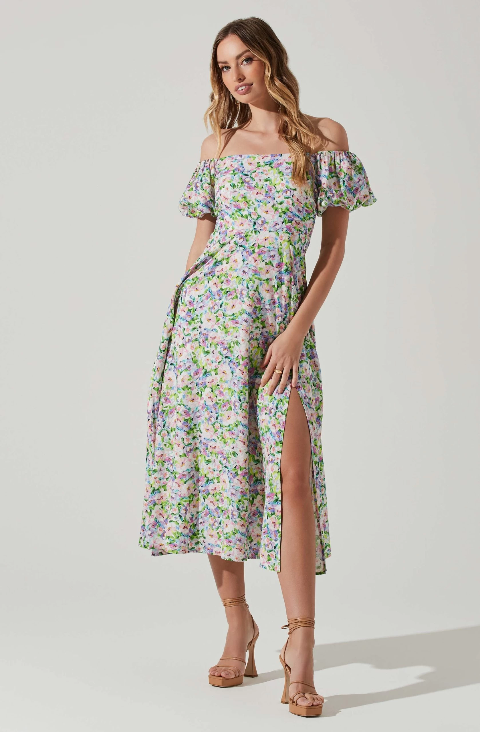Off Shoulder Puff Sleeve Midi Dress - Image 3