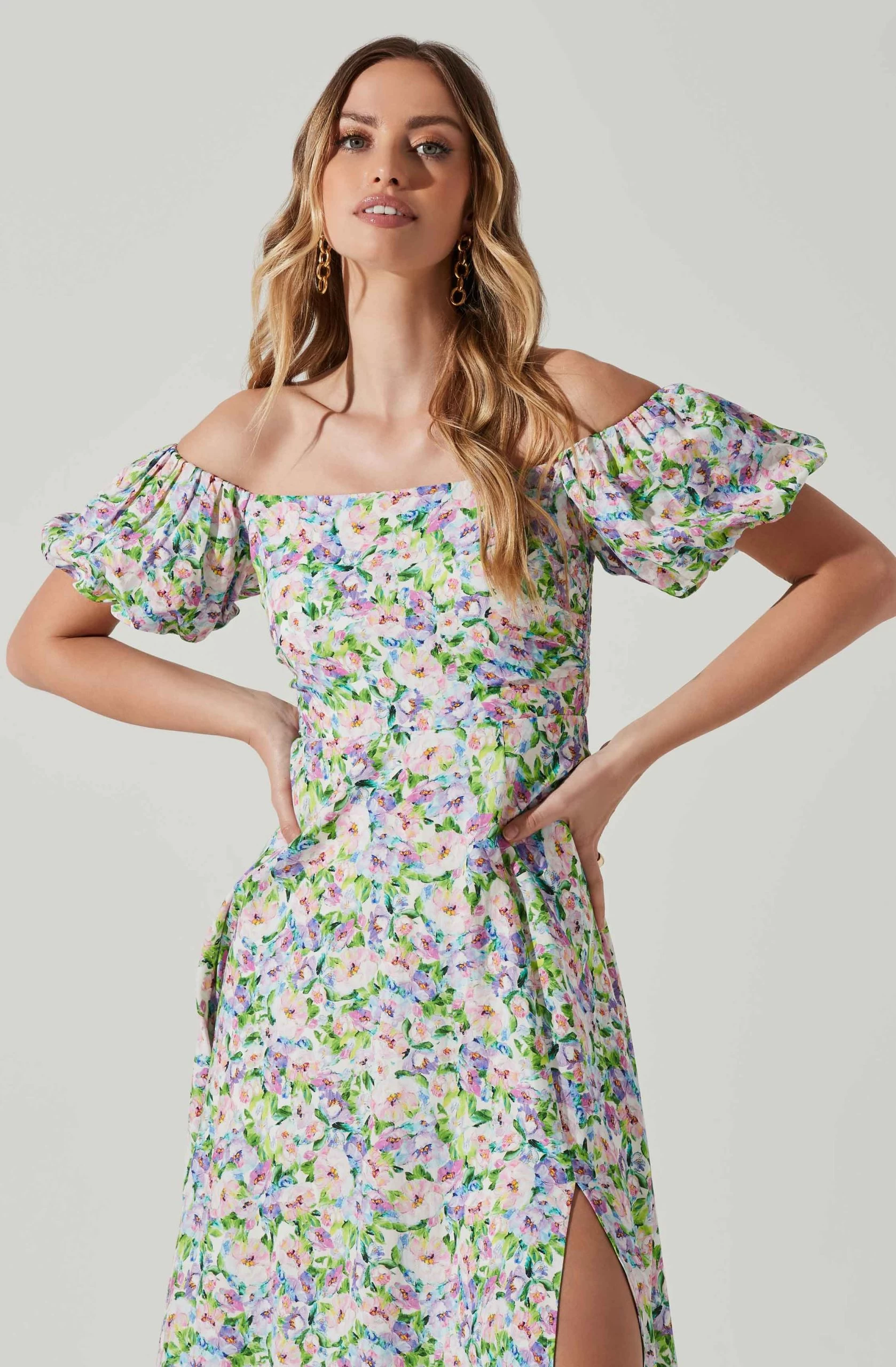 Off Shoulder Puff Sleeve Midi Dress - Image 2