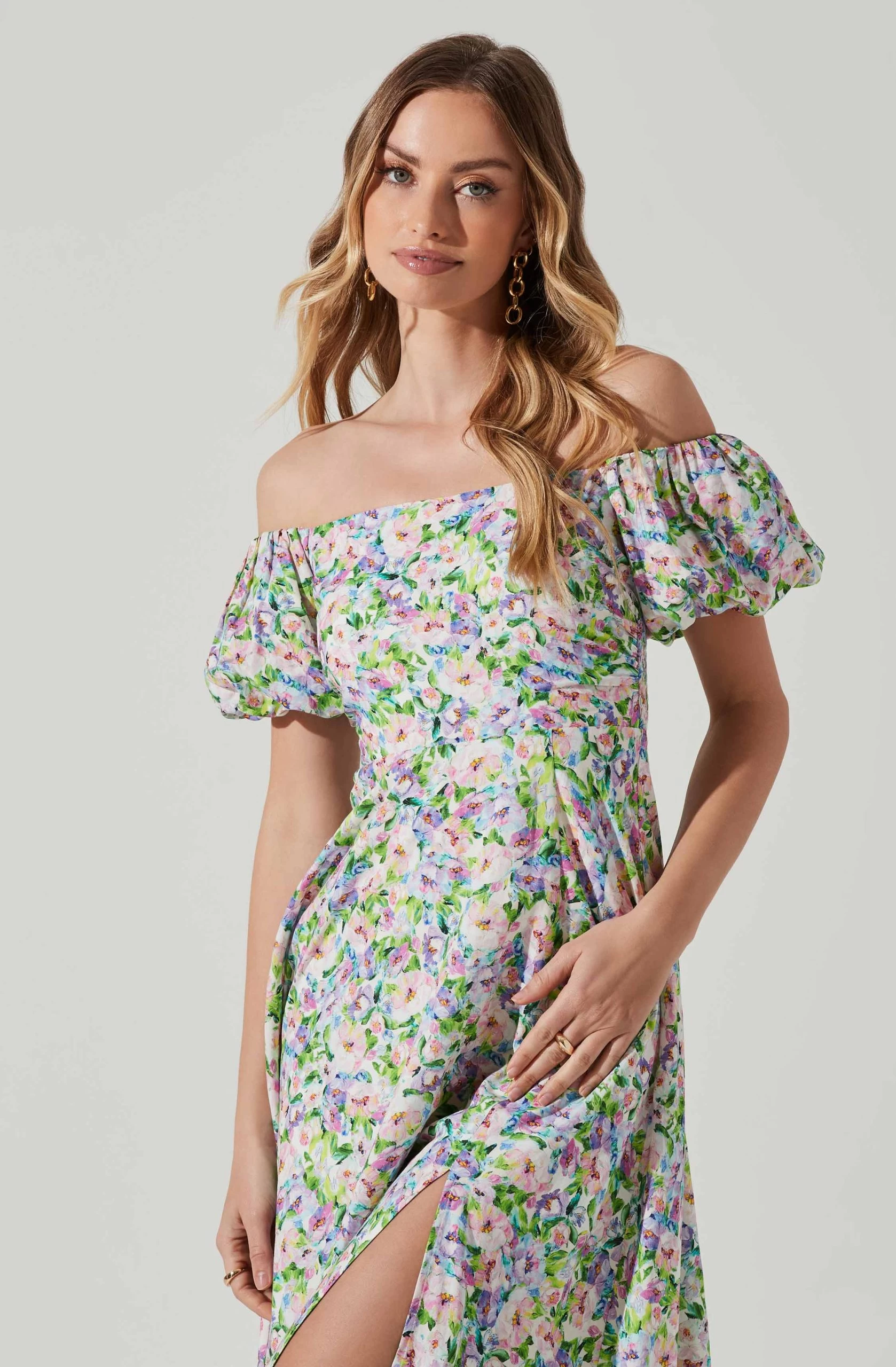 Off Shoulder Puff Sleeve Midi Dress - Image 4