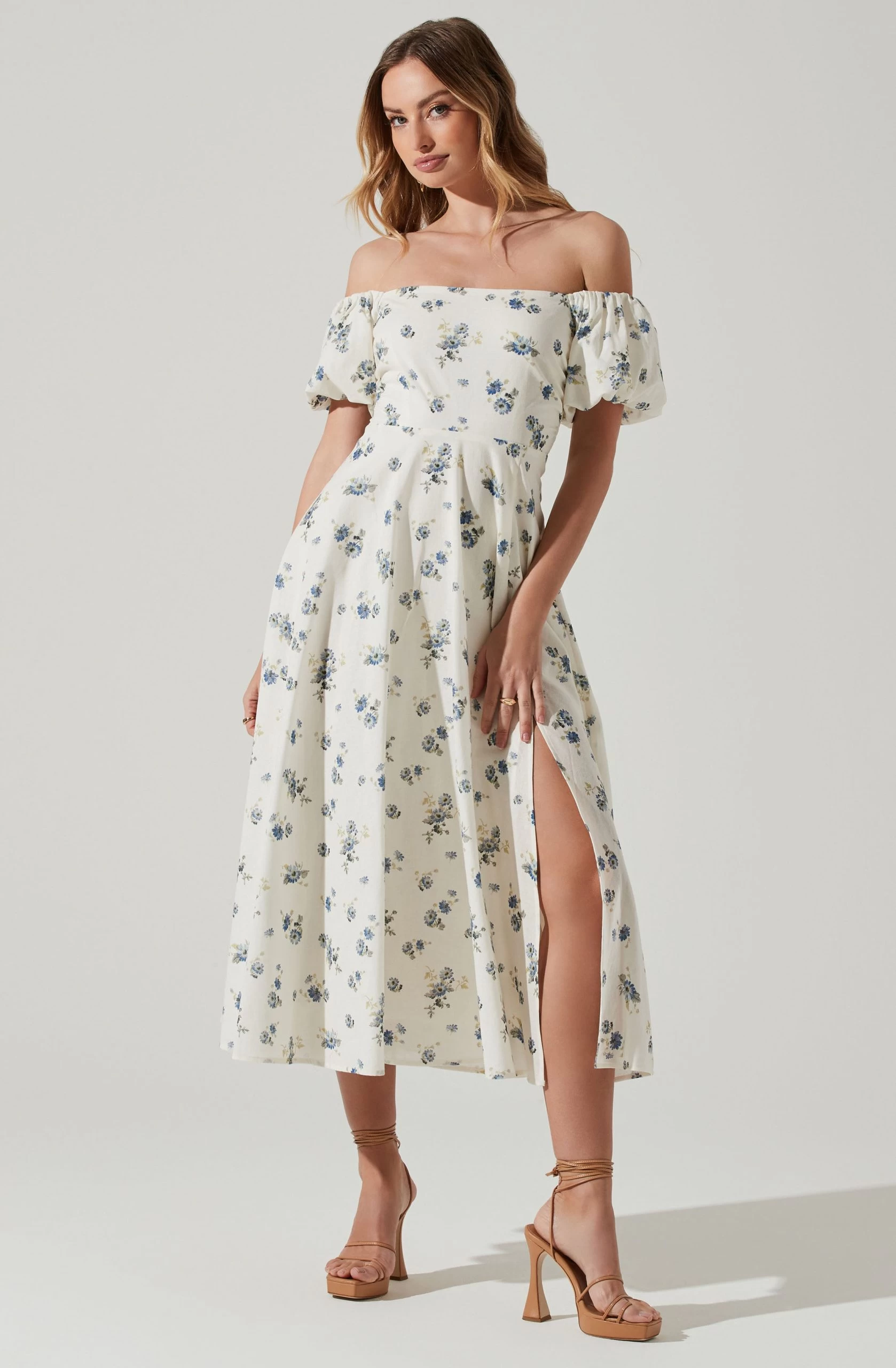 Off Shoulder Puff Sleeve Midi Dress - Image 8