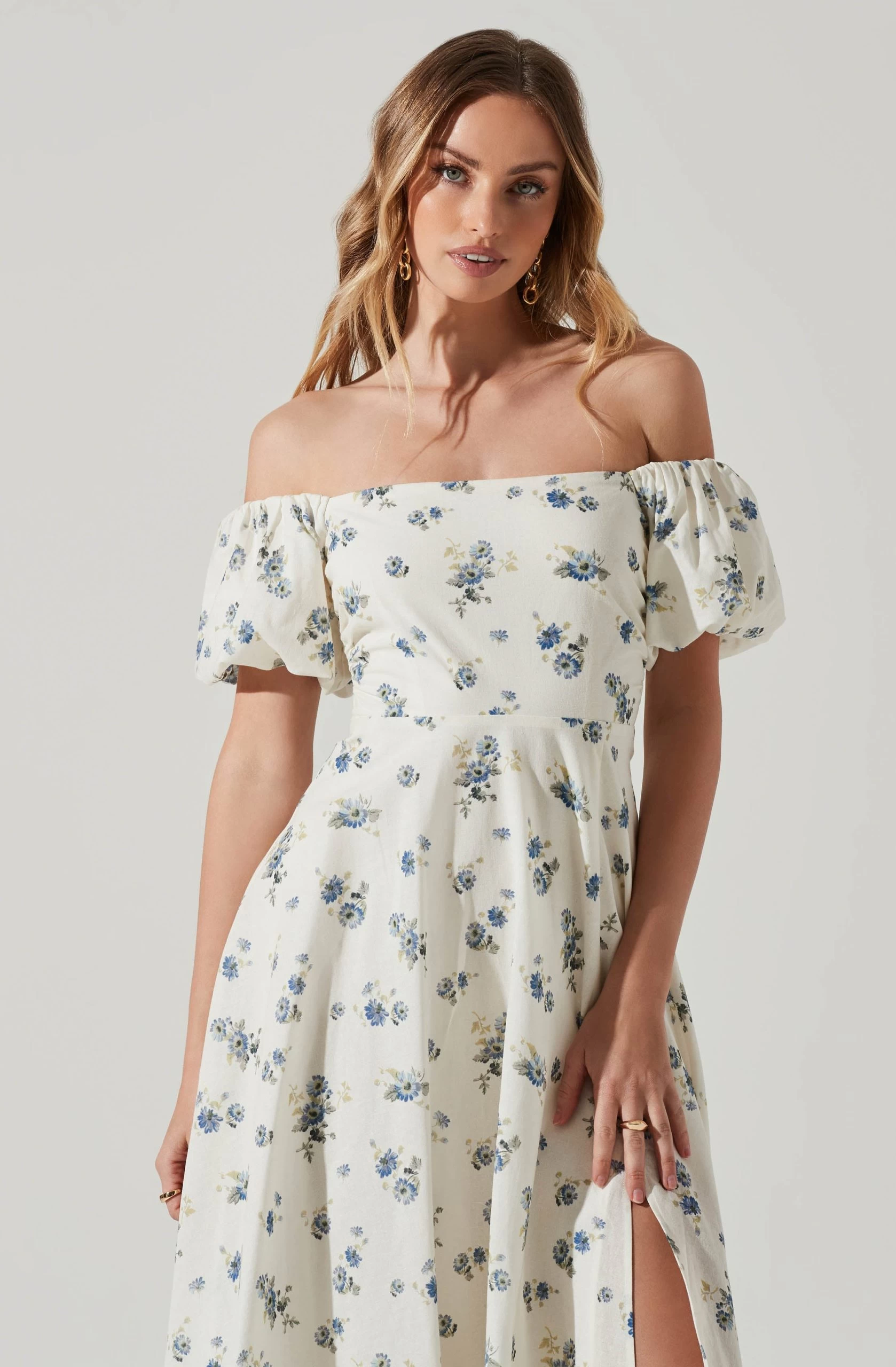 Off Shoulder Puff Sleeve Midi Dress - Image 9