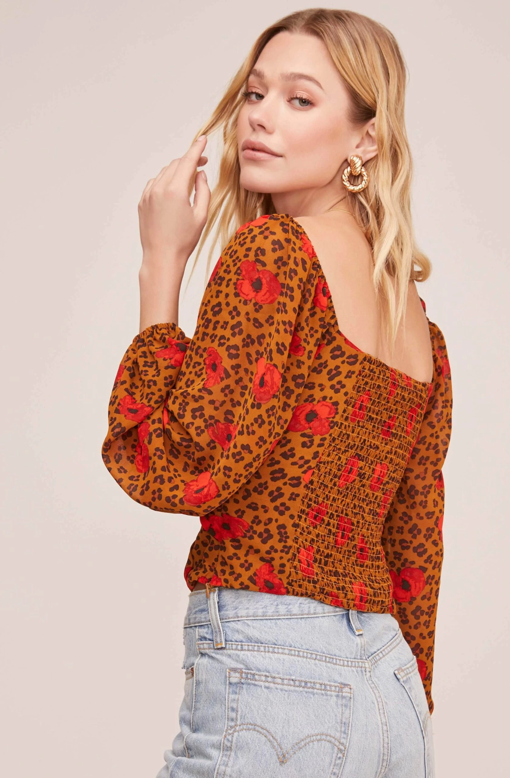 Shirred Long Sleeve Leopard Smocked Top - Image 4