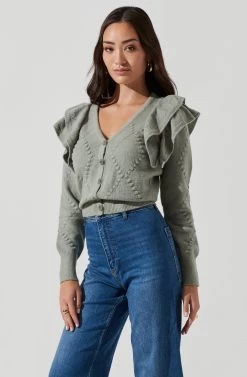 Shoulder Ruffle Long Sleeve Cardigan