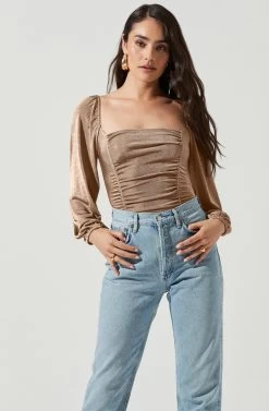 Ruched Long Sleeve Square Neck Bodysuit