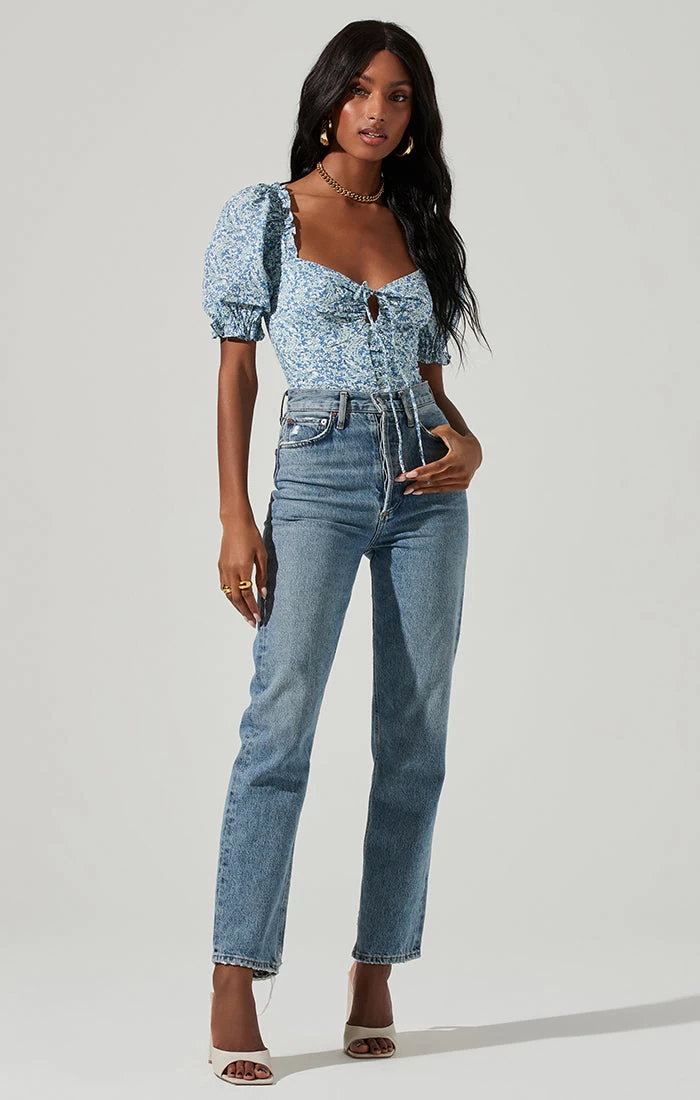 Lace Up Floral Tie Front Puff Sleeve Top - Image 2