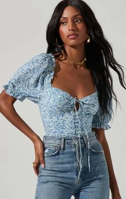 Lace Up Floral Tie Front Puff Sleeve Top