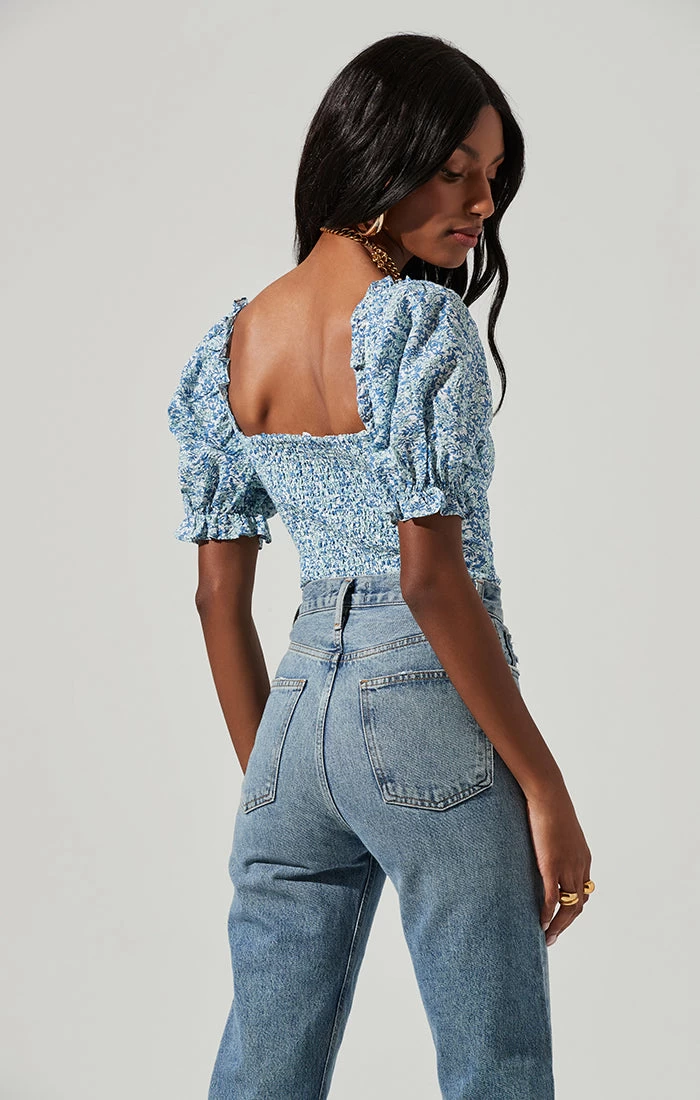 Lace Up Floral Tie Front Puff Sleeve Top - Image 4