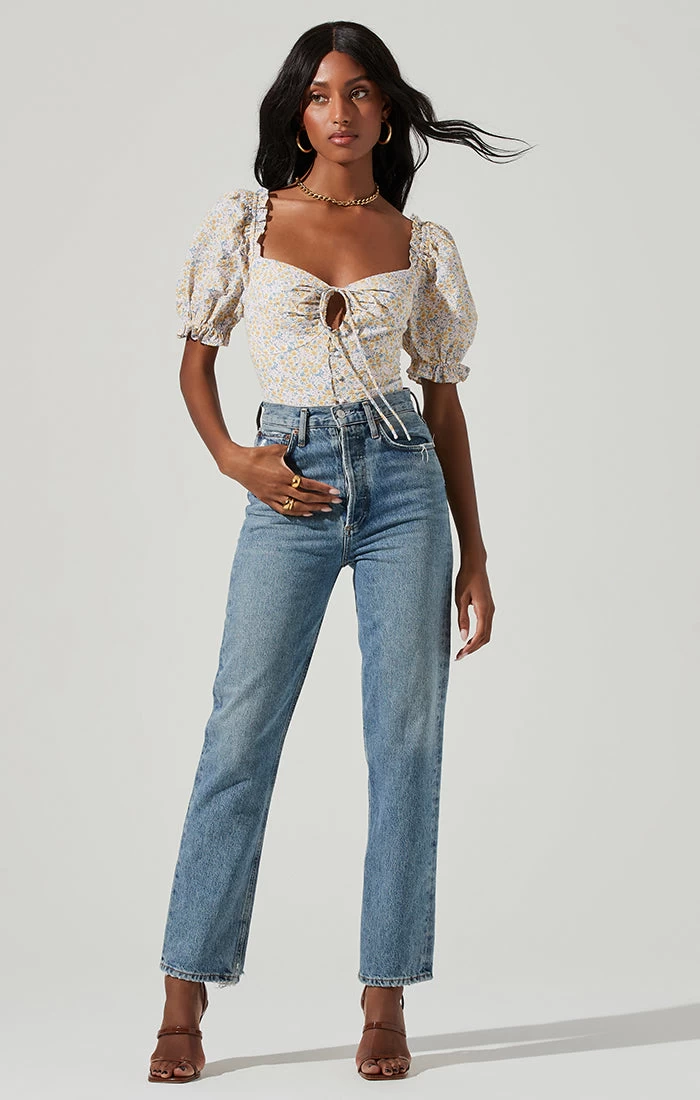 Lace Up Floral Tie Front Puff Sleeve Top - Image 7