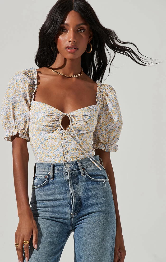 Lace Up Floral Tie Front Puff Sleeve Top - Image 6