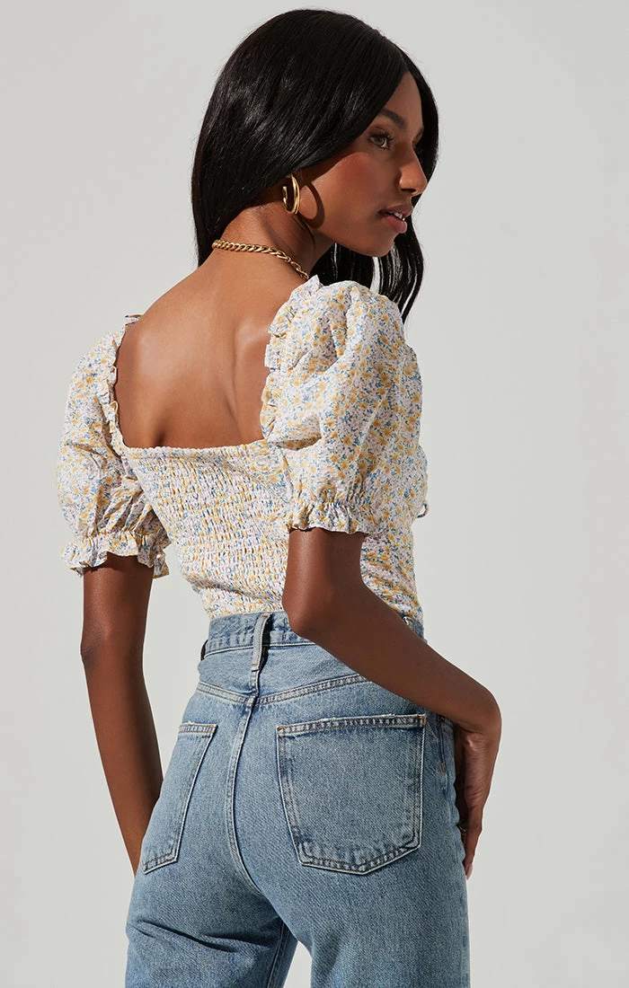 Lace Up Floral Tie Front Puff Sleeve Top - Image 9