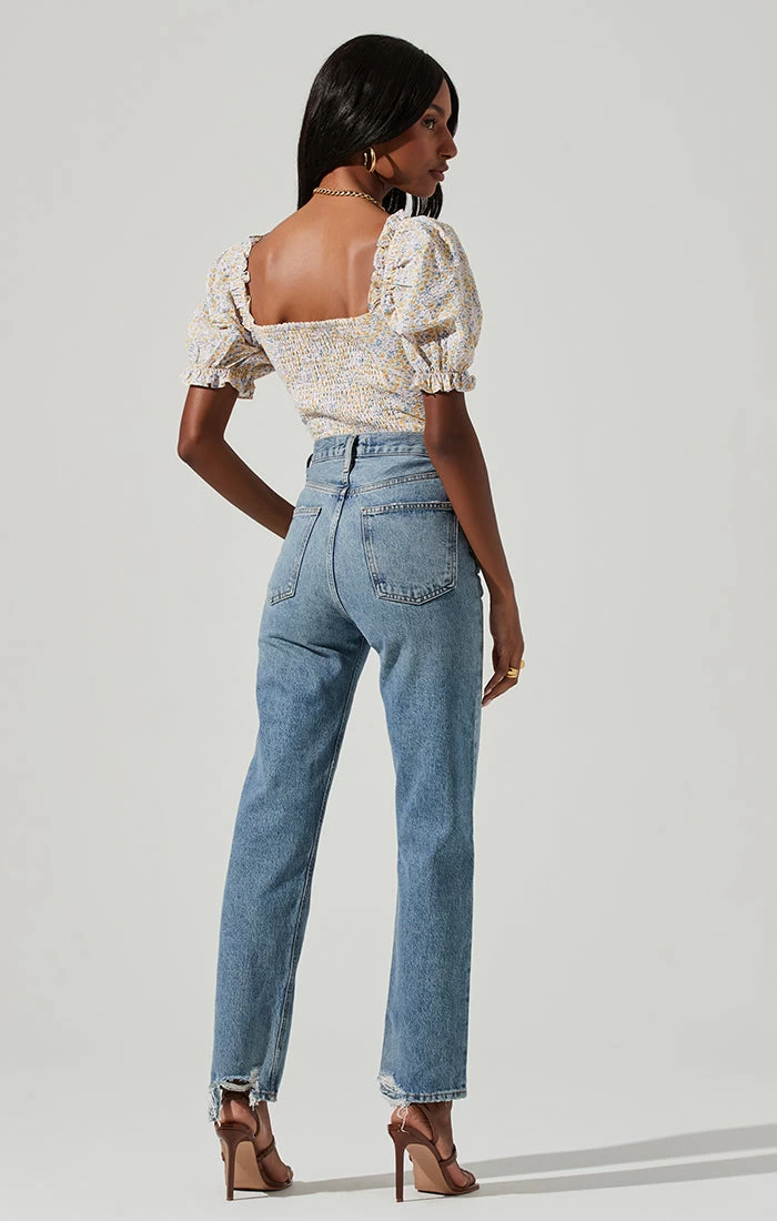 Lace Up Floral Tie Front Puff Sleeve Top - Image 8