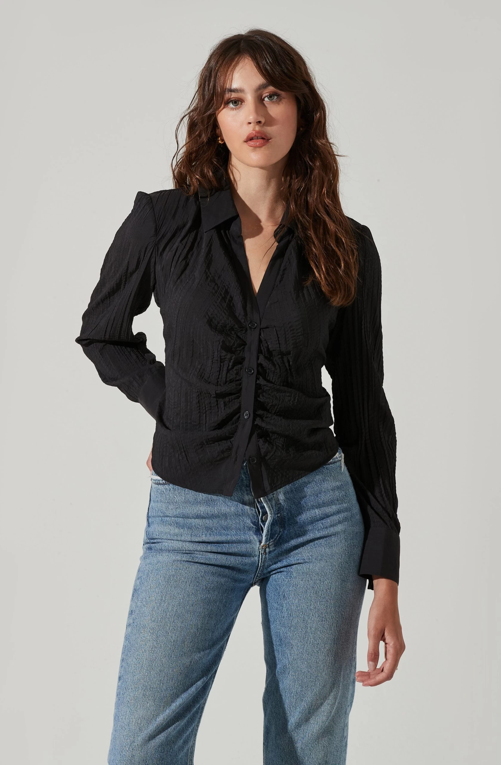 Textured Ruched Button Up