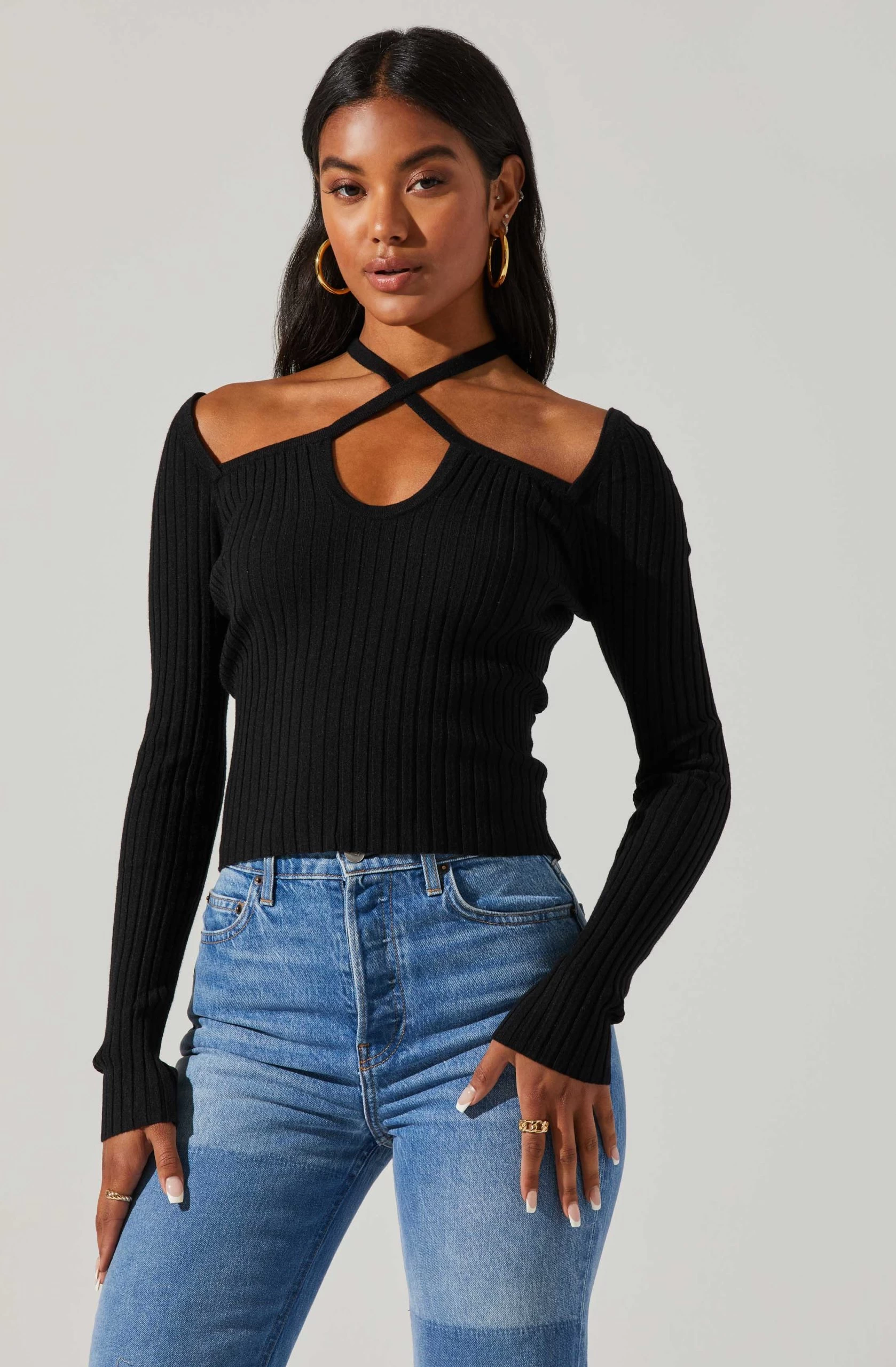 Criss Cross Long Sleeve Ribbed Sweater