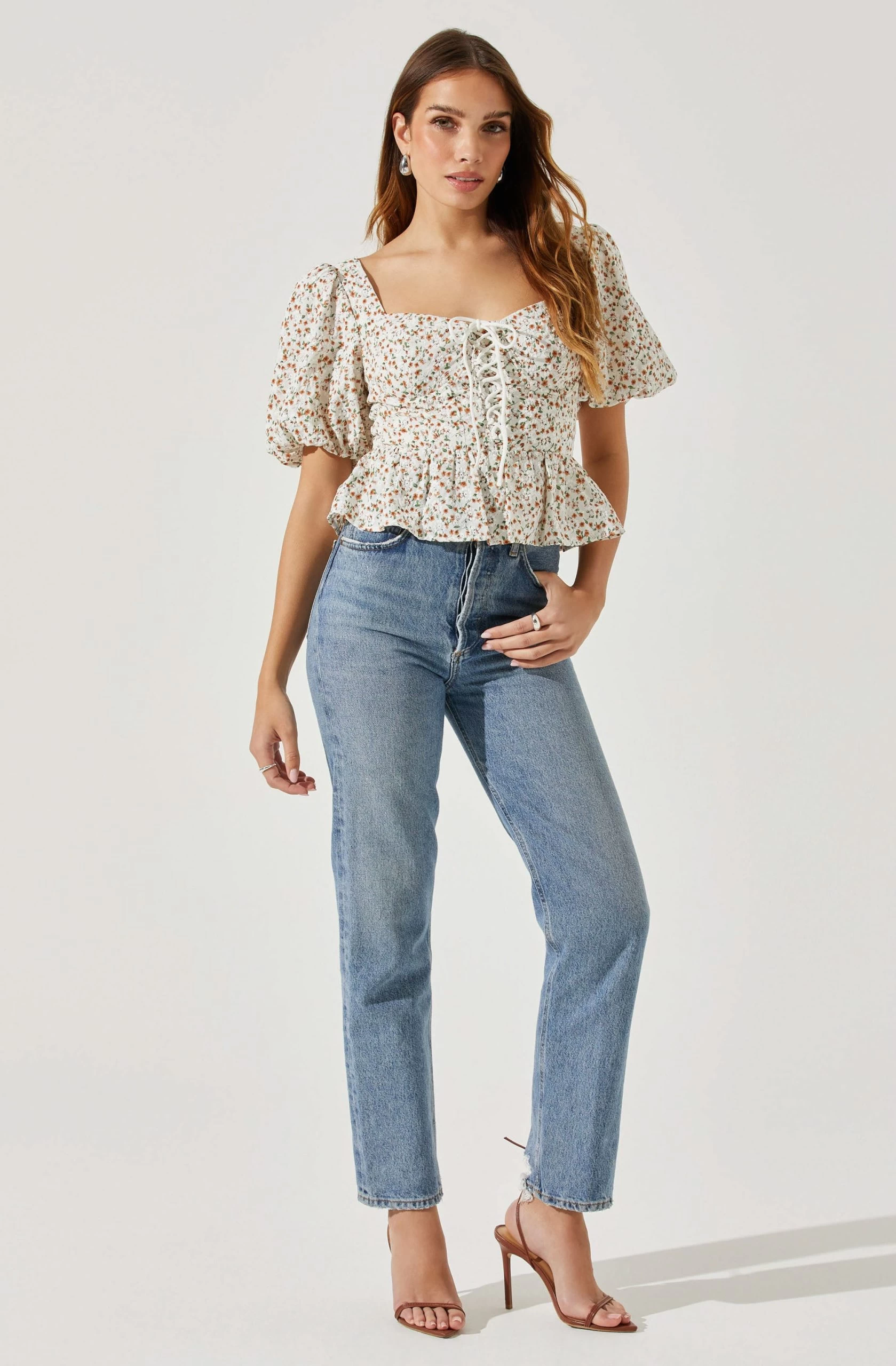 Bubble Sleeve Front Tie Floral Top - Image 2