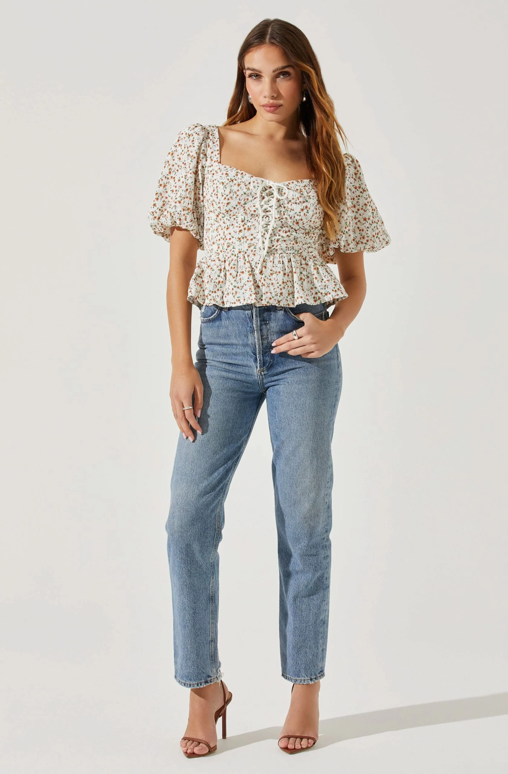 Bubble Sleeve Front Tie Floral Top - Image 5