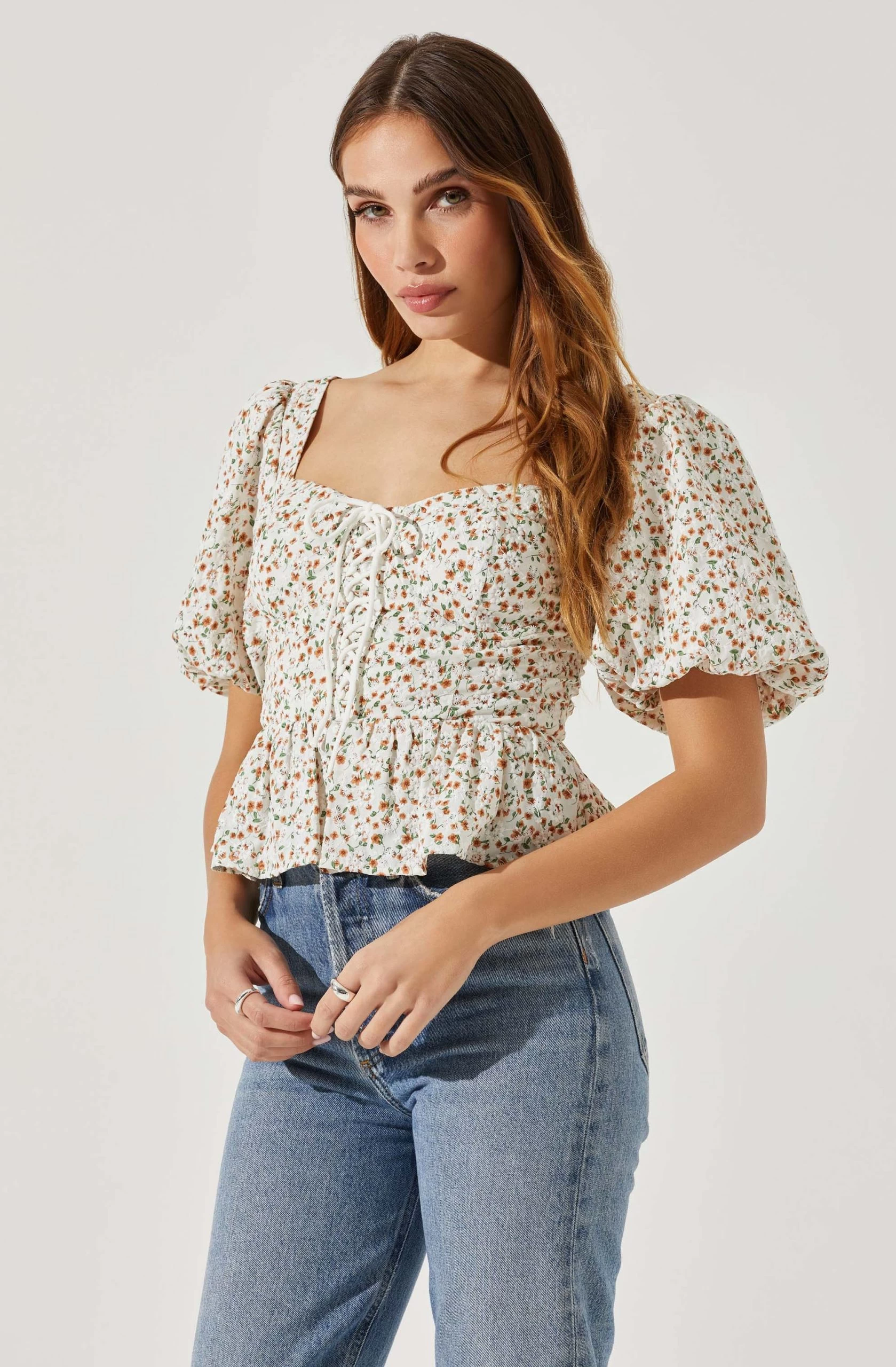 Bubble Sleeve Front Tie Floral Top - Image 3
