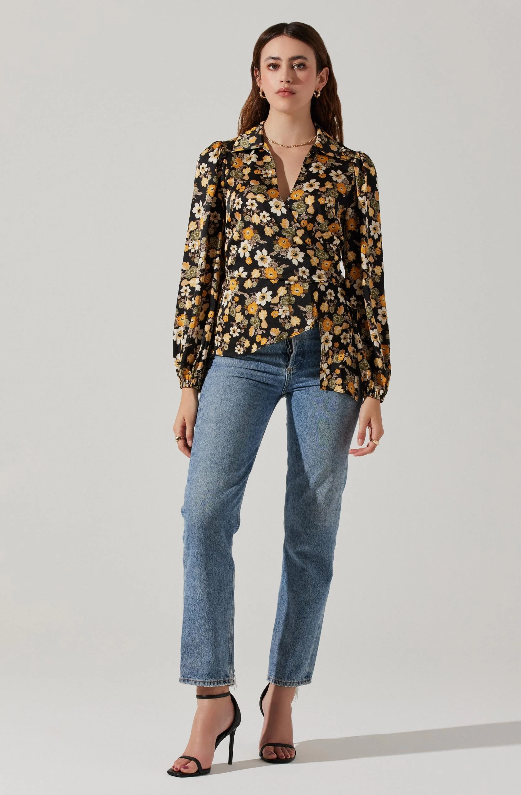 Asymmetrical Collared Floral Wrap Top - Image 8