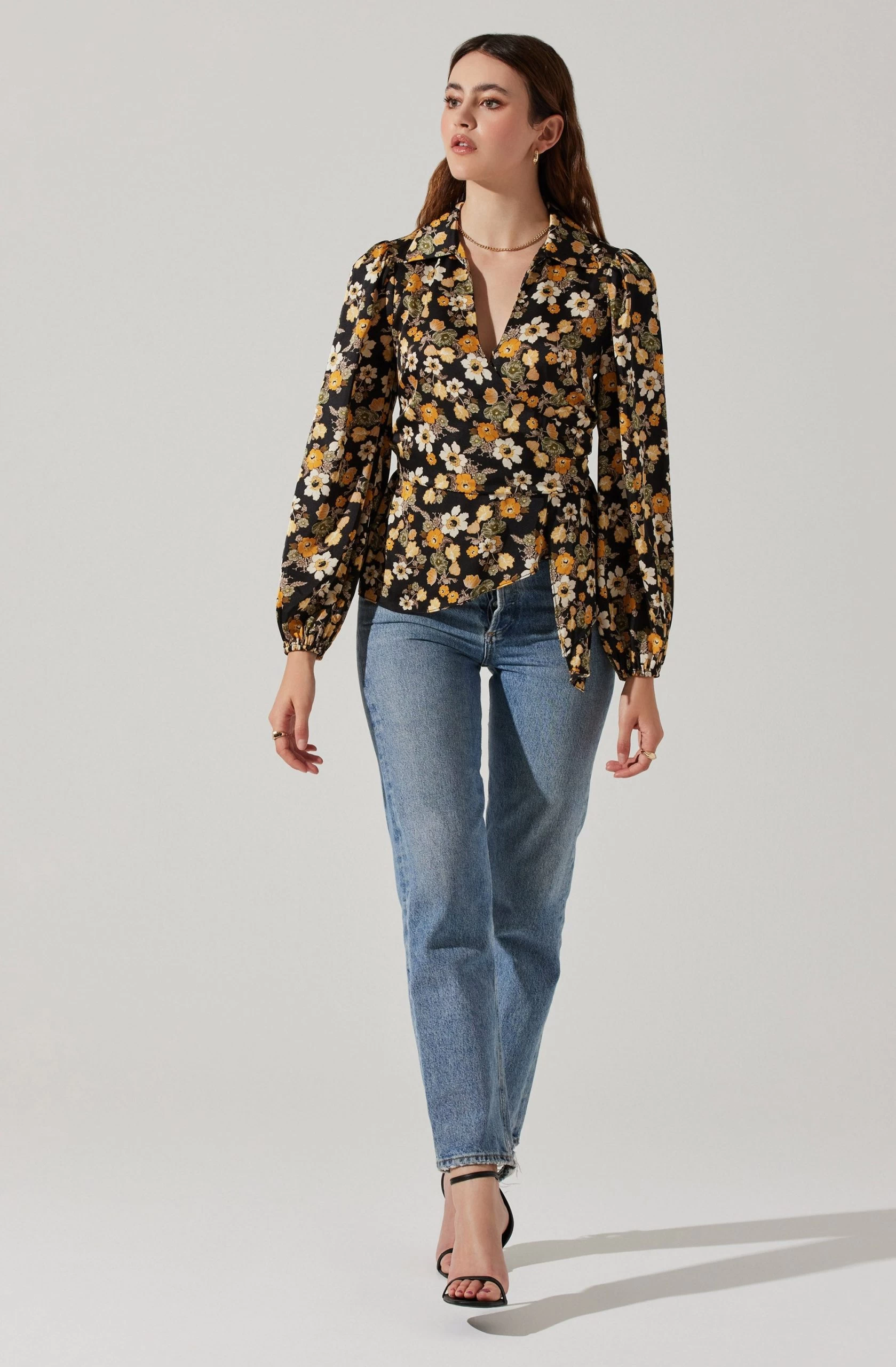 Asymmetrical Collared Floral Wrap Top - Image 10