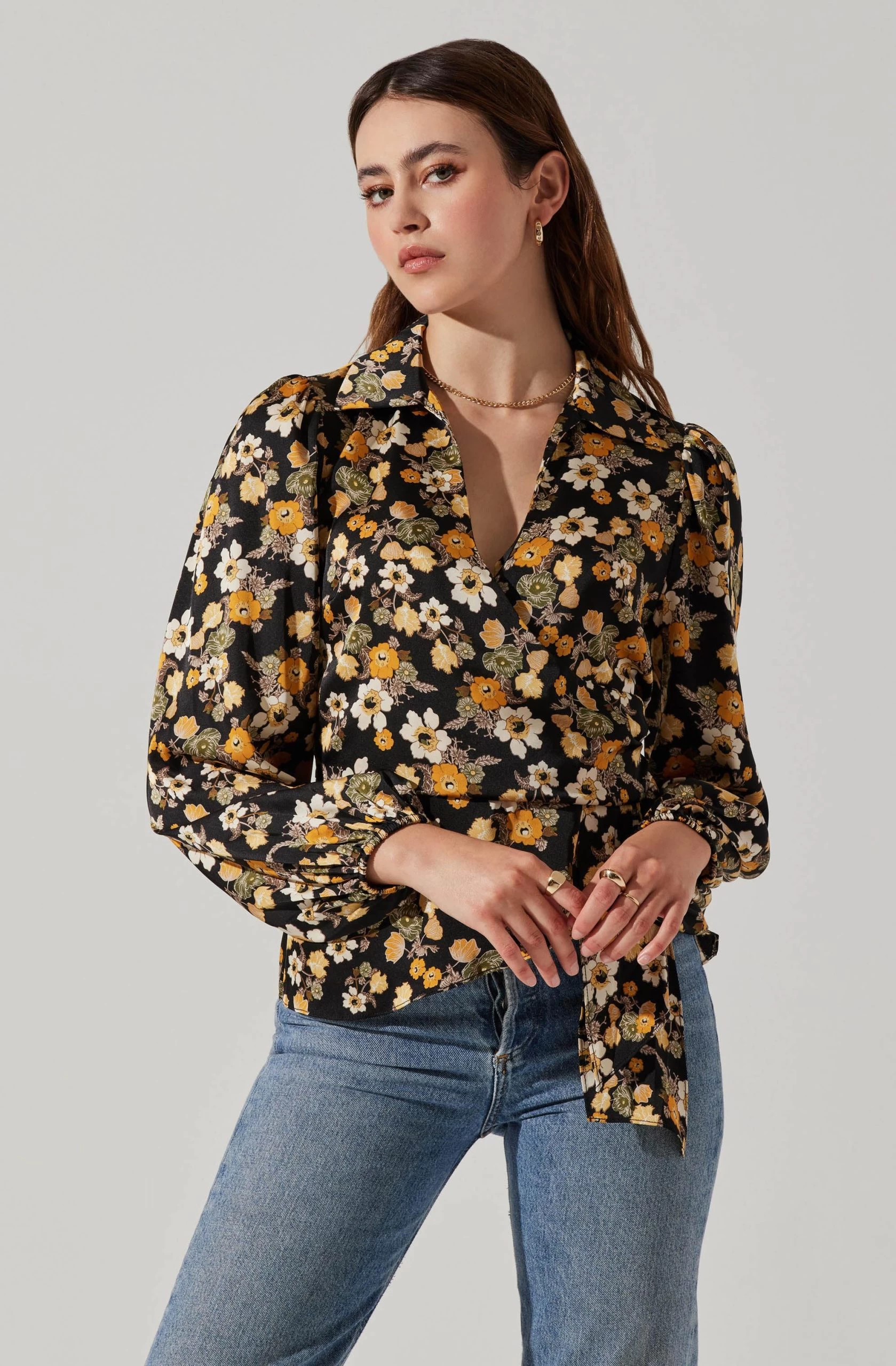Asymmetrical Collared Floral Wrap Top - Image 7