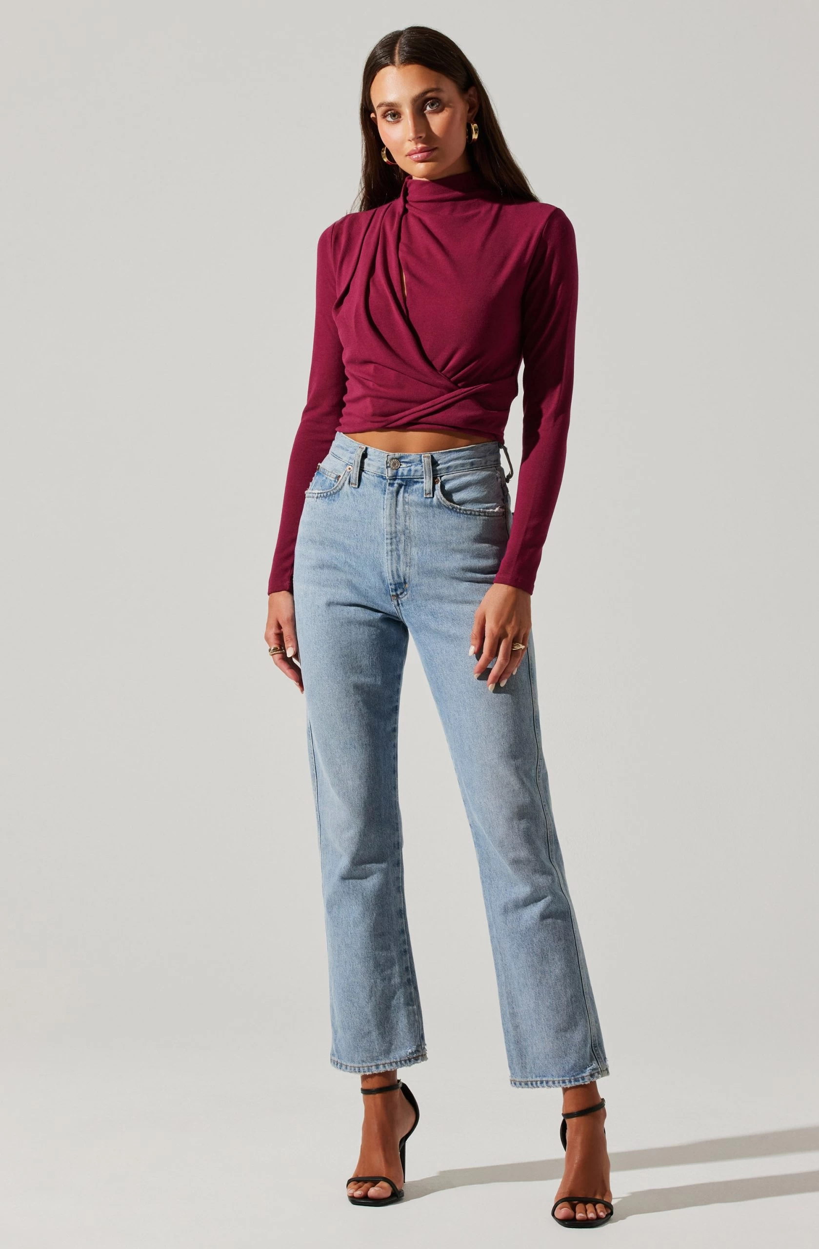 Asymmetrical Pleated Cutout Mock Neck Top - Image 3